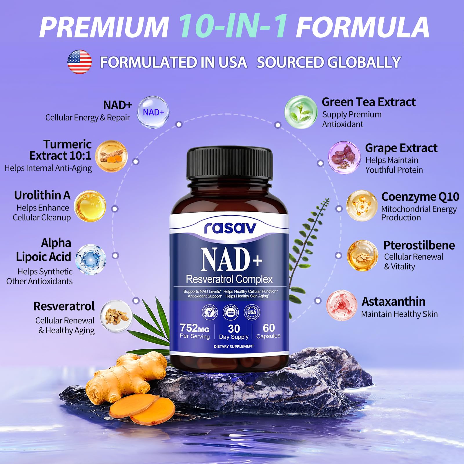 Rasav NAD Supplement 10-in-1 Extra Strength – NAD Resveratrol with CoQ10, Urolithin A, Green Tea Extract & ALA – NMN Supplement Alternative for Women & Men RasavAu supplements