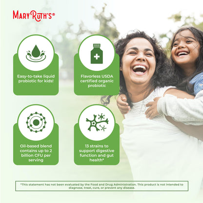 MaryRuth Organics Liquid Probiotic for Ages 4+ | 2 Billion CFU | 13 Probiotic Strains | Gut Health & Digestive Support | Gas & Bloating Support | Vegan | Gluten Free | Travel-Friendly | 20 Servings MARYRUTH'SUS supplements
