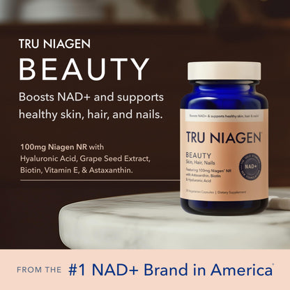 TRU NIAGEN 1,000mg + Beauty Bundle. A Full-Spectrum Bundle for Clinical-Strength Daily NAD+ Support and targeted Beauty Actives for Healthy Skin, Hair, and Nails at The Cellular Level. TRU NIAGENUS supplements