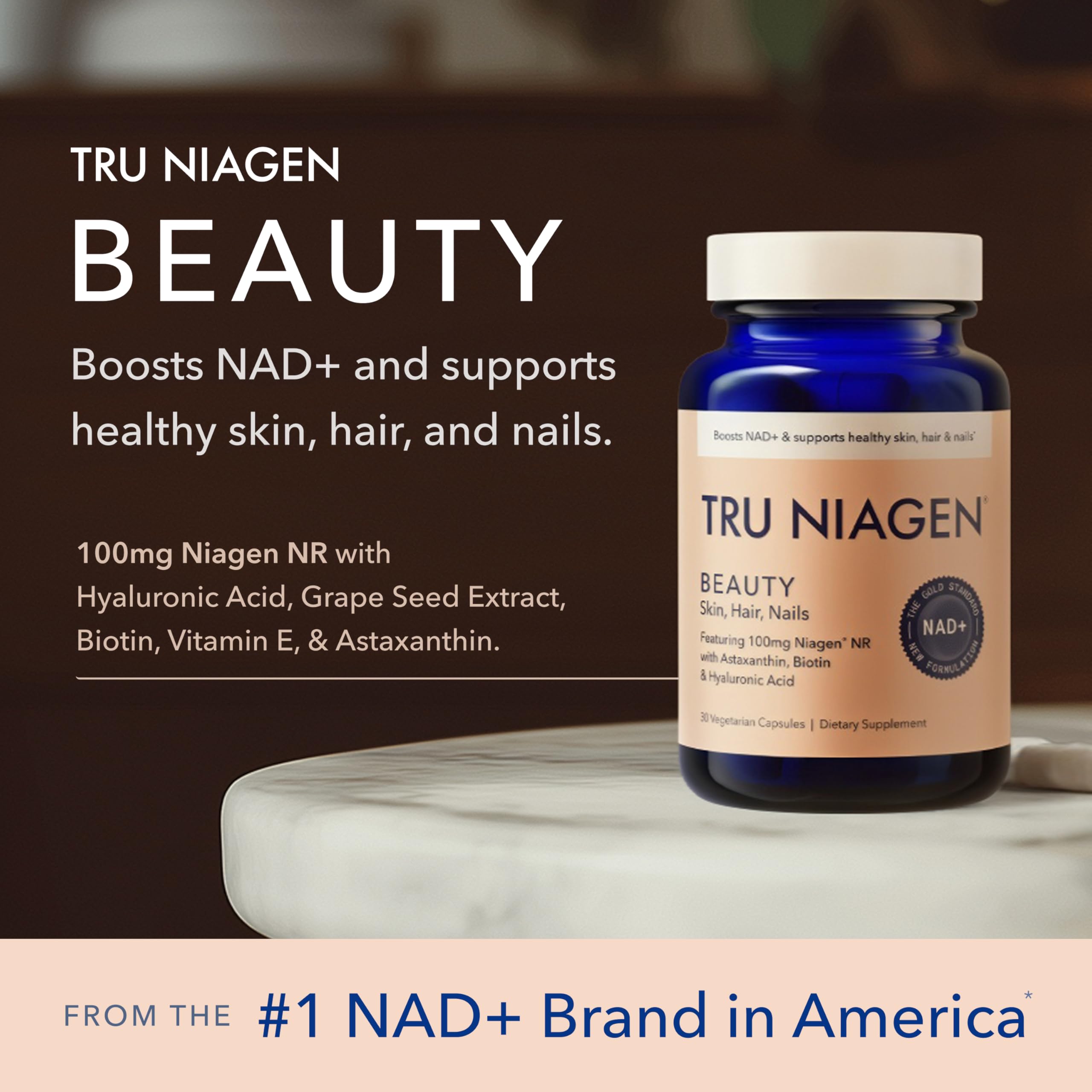 TRU NIAGEN BEAUTY NAD+ for Hair, Skin & Nails | Contains Niagen®, Astaxanthin, Hyaluronic Acid, Biotin | Supports Skin Elasticity & Moisture Retention | Daily Supplements for Men & Women | 30 Servings TRU NIAGENUS supplements