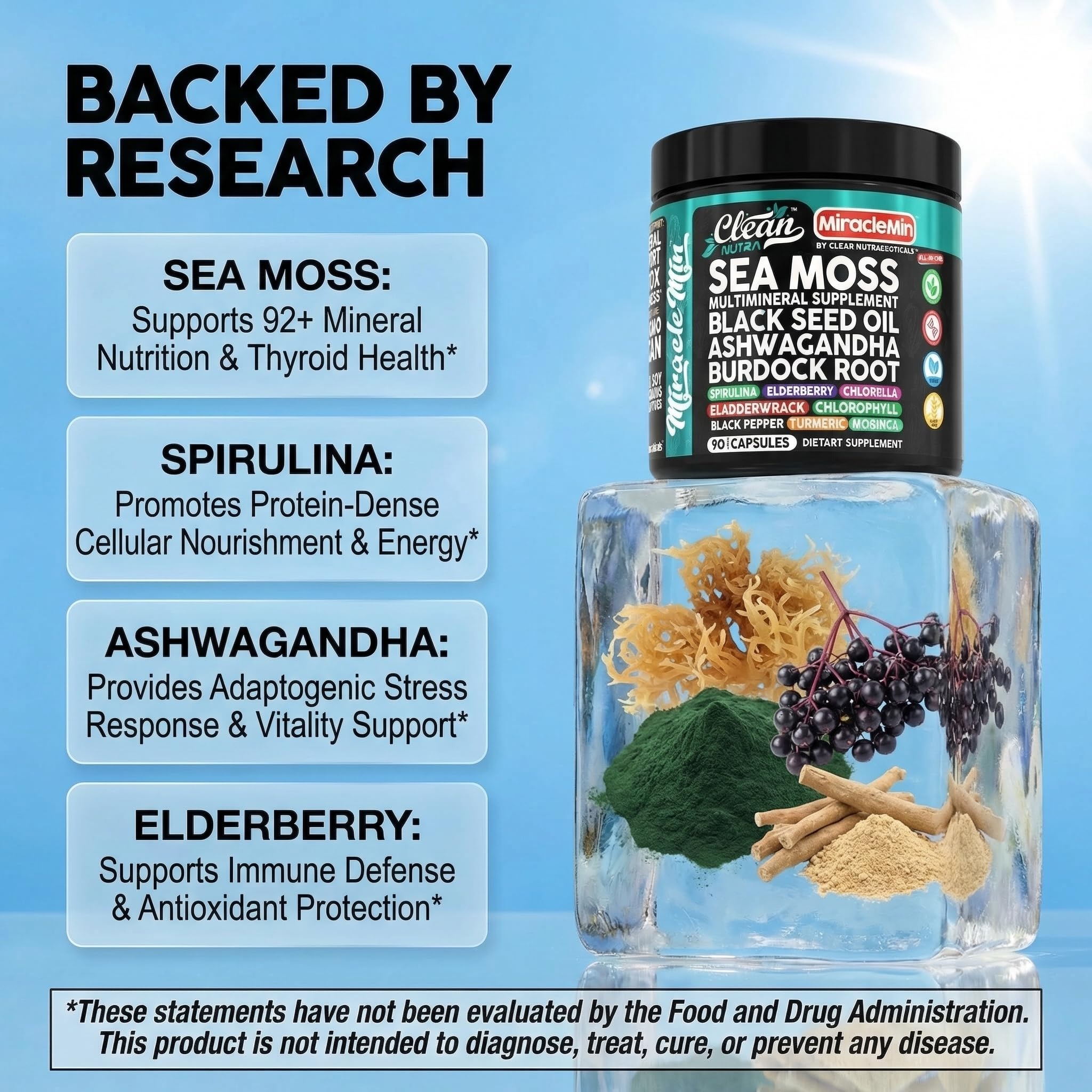 Clean Nutra Organic Sea Moss Capsules with Ashwagandha, Black Seed Oil, Burdock Root, Bladderwrack, Moringa, Chlorella, Spirulina, Turmeric, Elderberry, Amla – 90 Vegan Capsules – MiracleMin Clean NutraceuticalsAu supplements