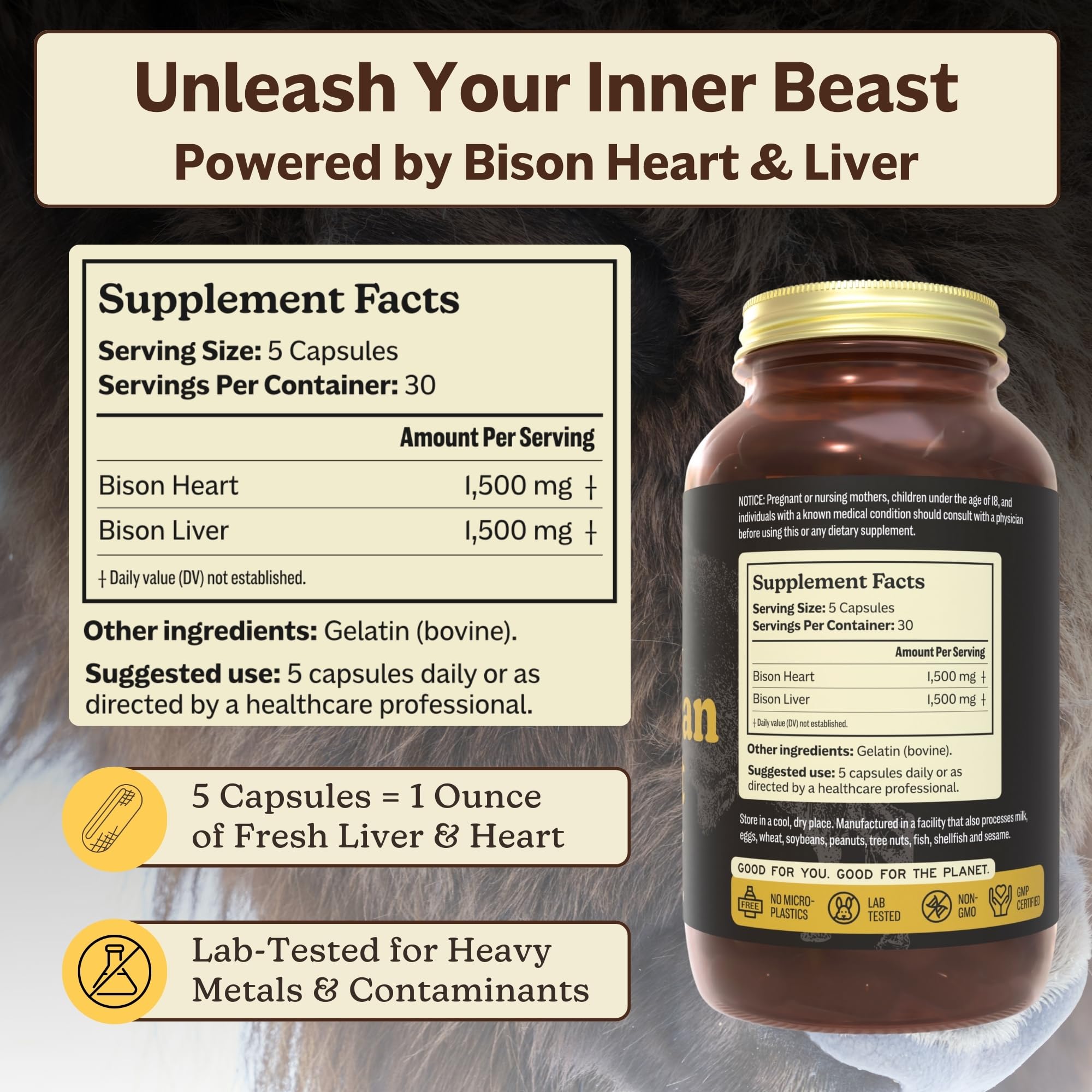 MK Supplements American Beast | Bison Liver & Heart Capsules | ~49x More CoQ10 Than Beef Liver | Regeneratively Raised Bison | 150 Capsules MK SupplementsAu supplements