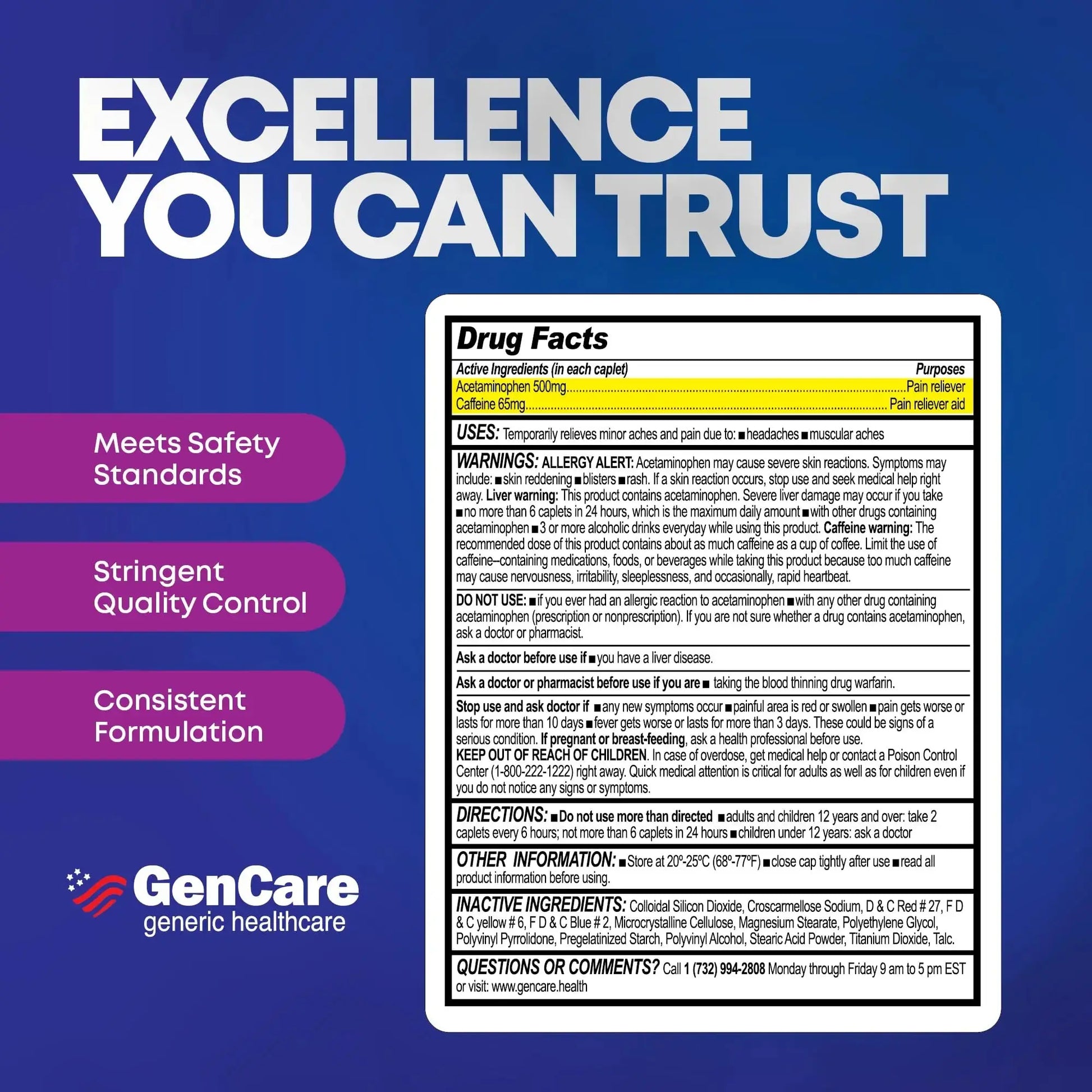 GenCare - Tension Headache Relief Pain Reliever with Acetaminophen 500 mg & Caffeine 65 mg (200 Caplets) Best Value Bulk Extra Strength for Head, Migraine, Joint Pain & Body Ache Relief Medicine GenCareAu supplements