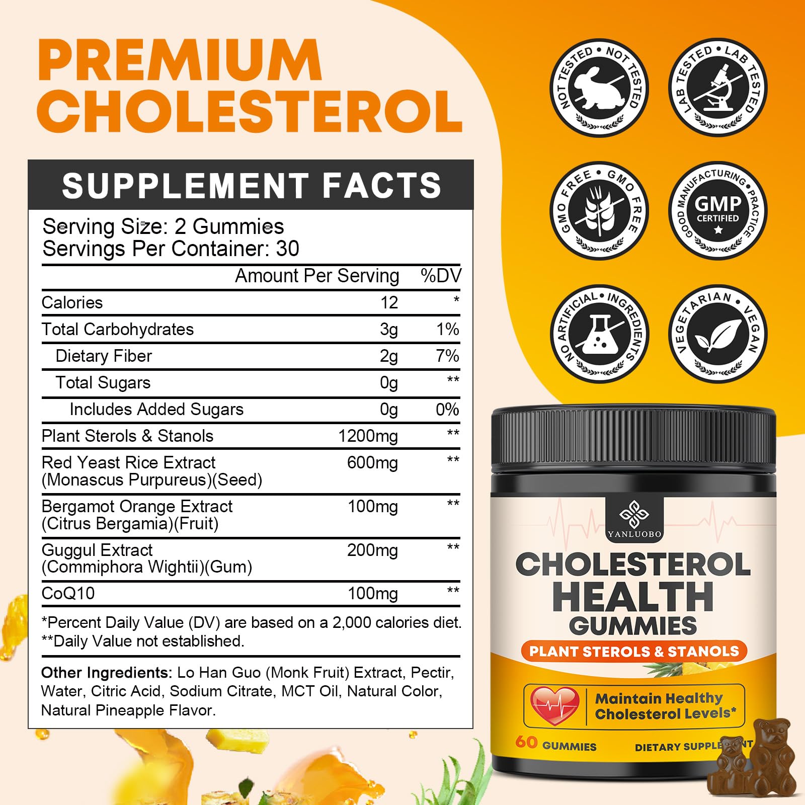 Cholesterol Supplements with 1200mg Plant Sterols & Stanols, Guggul, Bergamot, Red Yeast Rice, Cholesterol Complex Gummies Support Healthy Cholesterol Levels, Pineapple Flavor, 60 Counts YANLUOBOAu supplements