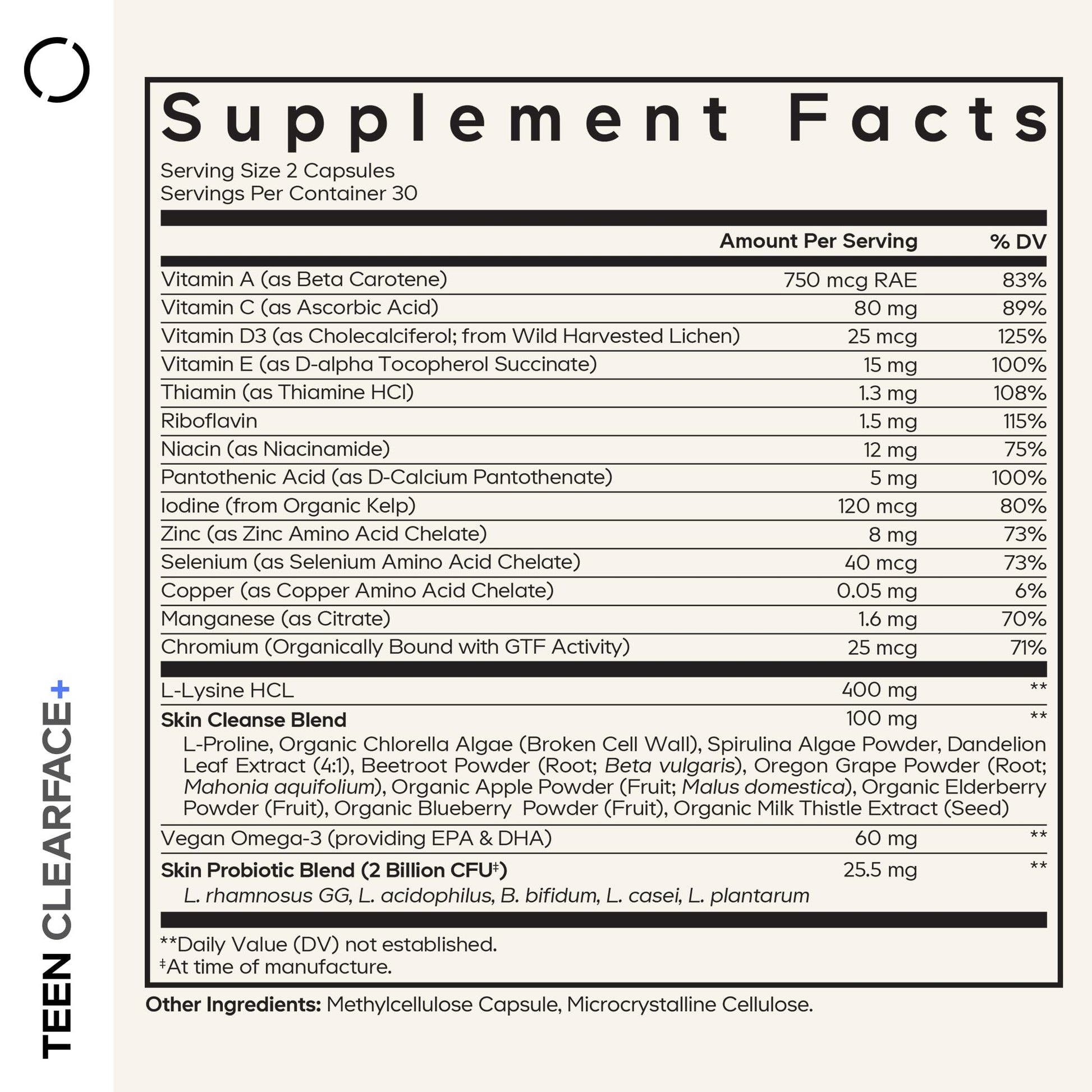 Codeage Teen Clearface Adolescent Face, Skin & Pimples, Vitamins A, C, D3, E, Pantothenic Acid, Niacin, Zinc Supplement Teenagers, Probiotics, L-Lysine, Omega-3, Oily Skin, Pores, Spots - 60 Capsules CodeageAu supplements