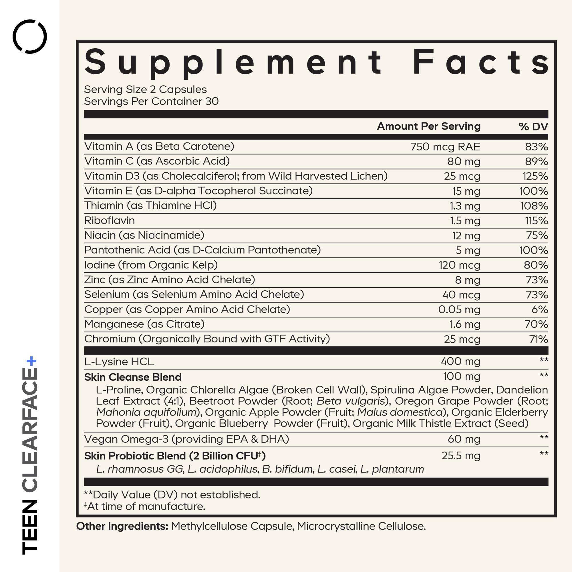 Codeage Teen Clearface Adolescent Face, Skin & Pimples, Vitamins A, C, D3, E, Pantothenic Acid, Niacin, Zinc Supplement Teenagers, Probiotics, L-Lysine, Omega-3, Oily Skin, Pores, Spots - 60 Capsules CodeageAu supplements