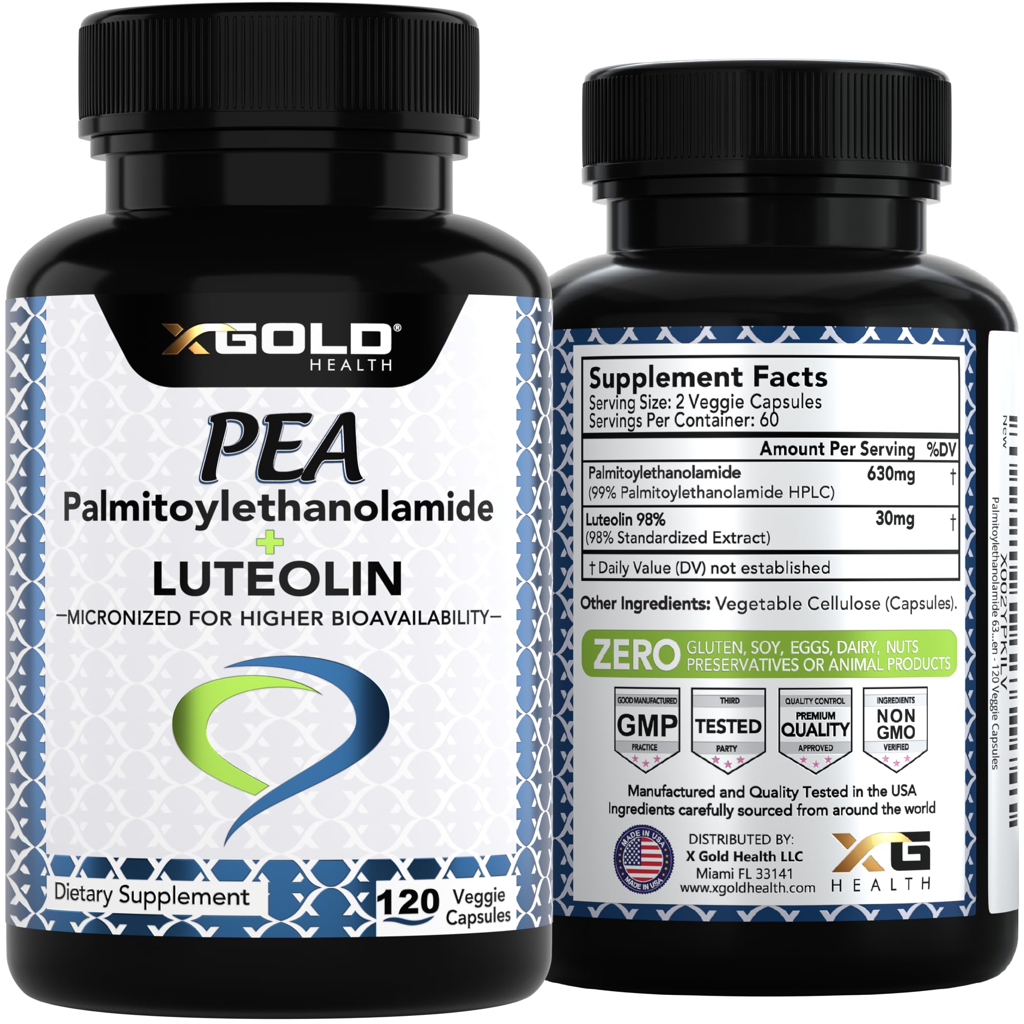 Palmitoylethanolamide 630 mg + Luteolin Standardized 98%- Micronized Pea 99% Highly Purified and Bioavailable - Made in USA - Supplement for Men and Women - 120 Veggie Capsules X Gold HealthAu supplements