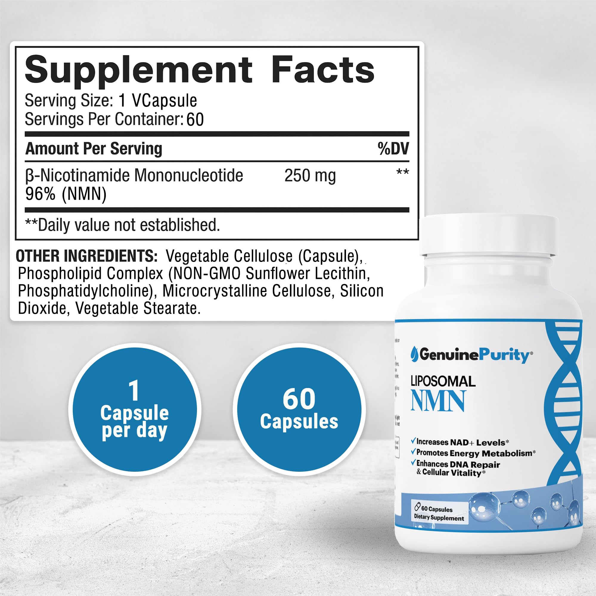 GenuinePurity - 250mg Liposomal NMN Supplement - 60 Vegan Capsules to Support NAD+ Production, Cellular Energy & Healthy Aging - Nicotinamide Mononucleotide for Metabolic Wellness & Immune Support GenuinePurityAu supplements