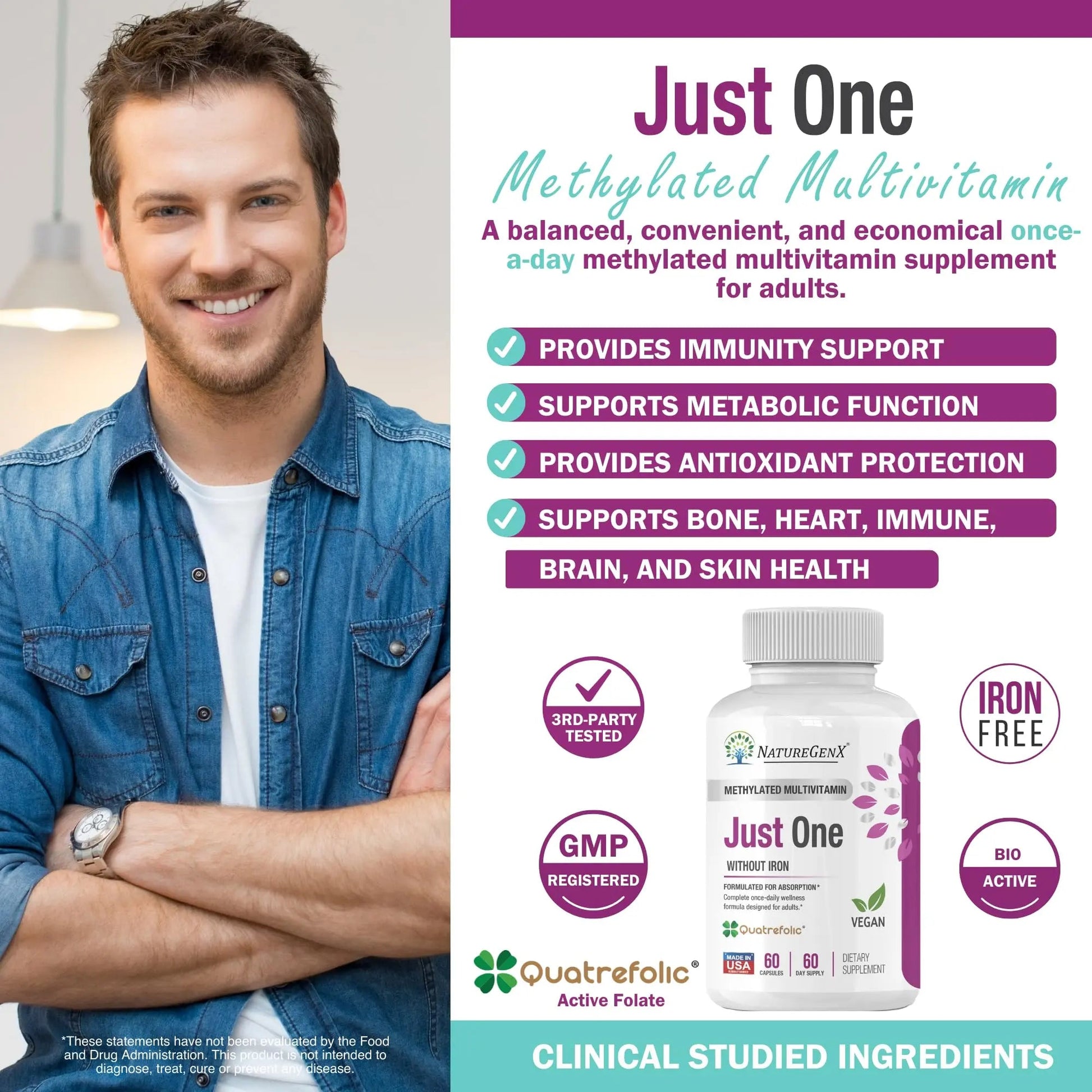 NatureGenX Just One Daily Methylated Multivitamin - 60 Caps Pure Methyl B12, Methylfolate MTHFR Support Supplement Iron Free Methylated Vitamins NatureGenXAu supplements