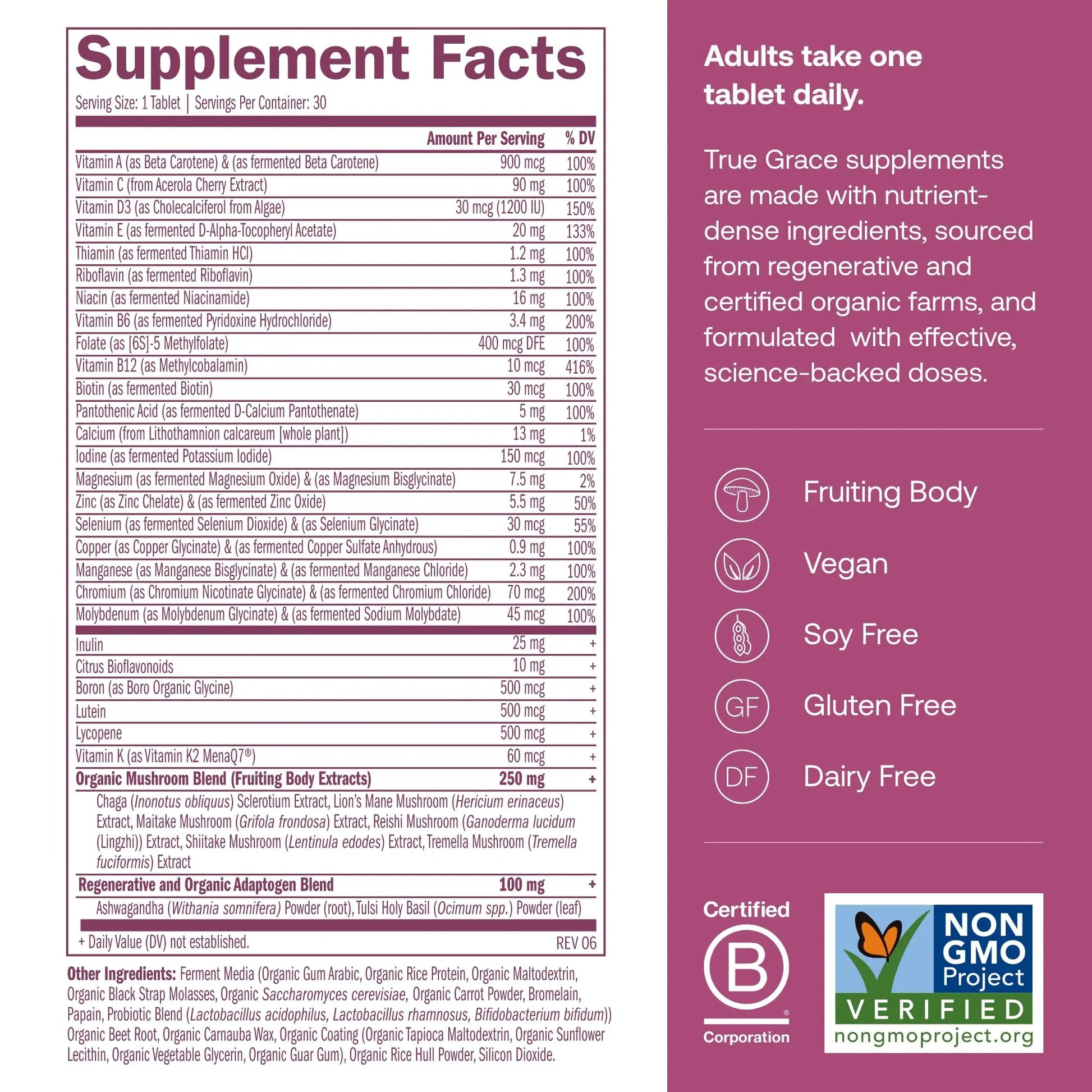 True Grace One Daily Women’s Multivitamin 40+ Fermented Minerals, Organic Adaptogens & Mushrooms Energy, Immune, Bone Support True GraceAu supplements