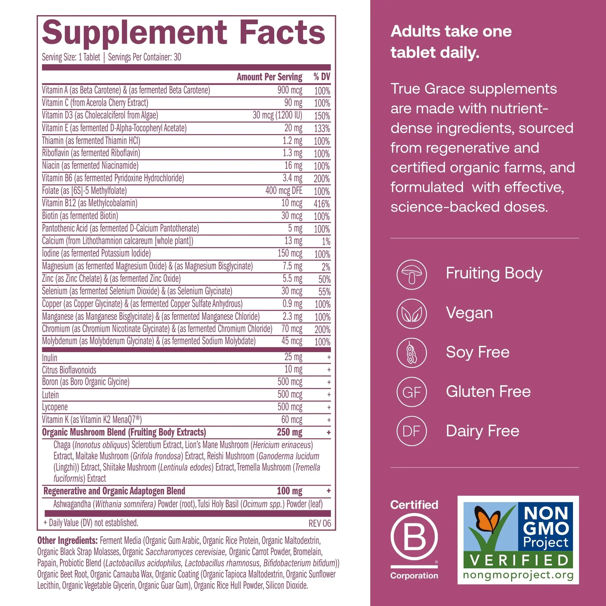 True Grace One Daily Women’s Multivitamin 40+ Fermented Minerals, Organic Adaptogens & Mushrooms Energy, Immune, Bone Support True GraceAu supplements