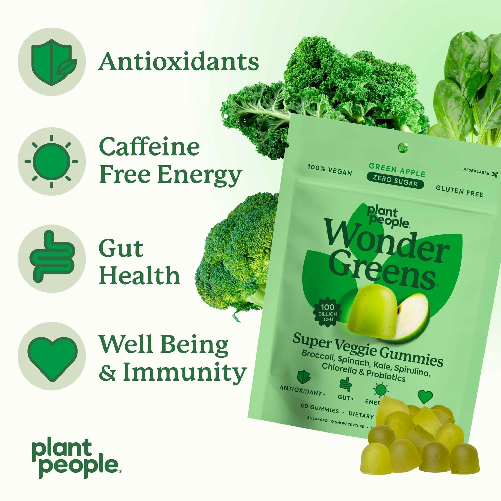 Plant People WonderGreens Veggie Gummies Super Greens with Probiotics Multivitamin Support Gummy for Wellbeing, Energy, Immune and Gut Health, Green Apple Flavor (60 Count) Plant PeopleAu supplements
