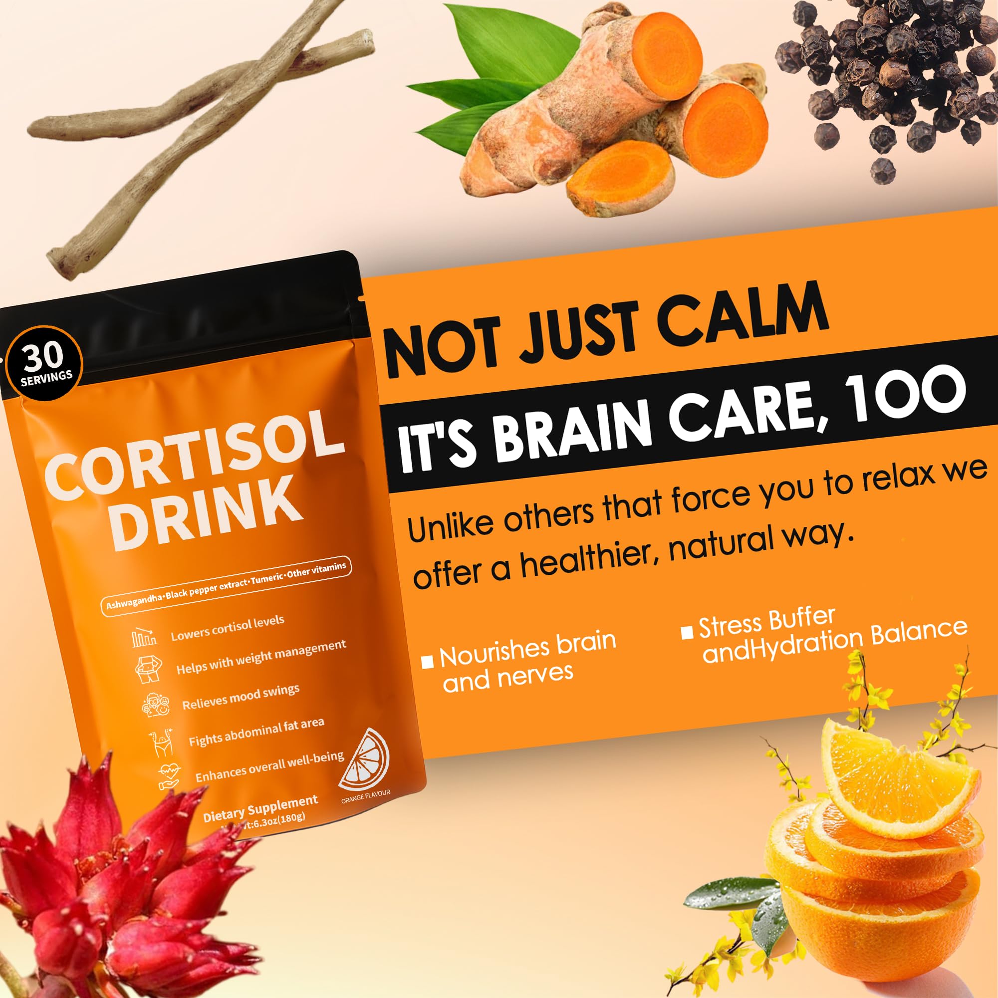 Cortisol Drink Powder - Natural Cortisol Supplements for Ashwagandha, L-Theanine, Turmeric Root, Black Pepper Extract, Relaxation, Focus, Mental Clarity oviaapoAu supplements