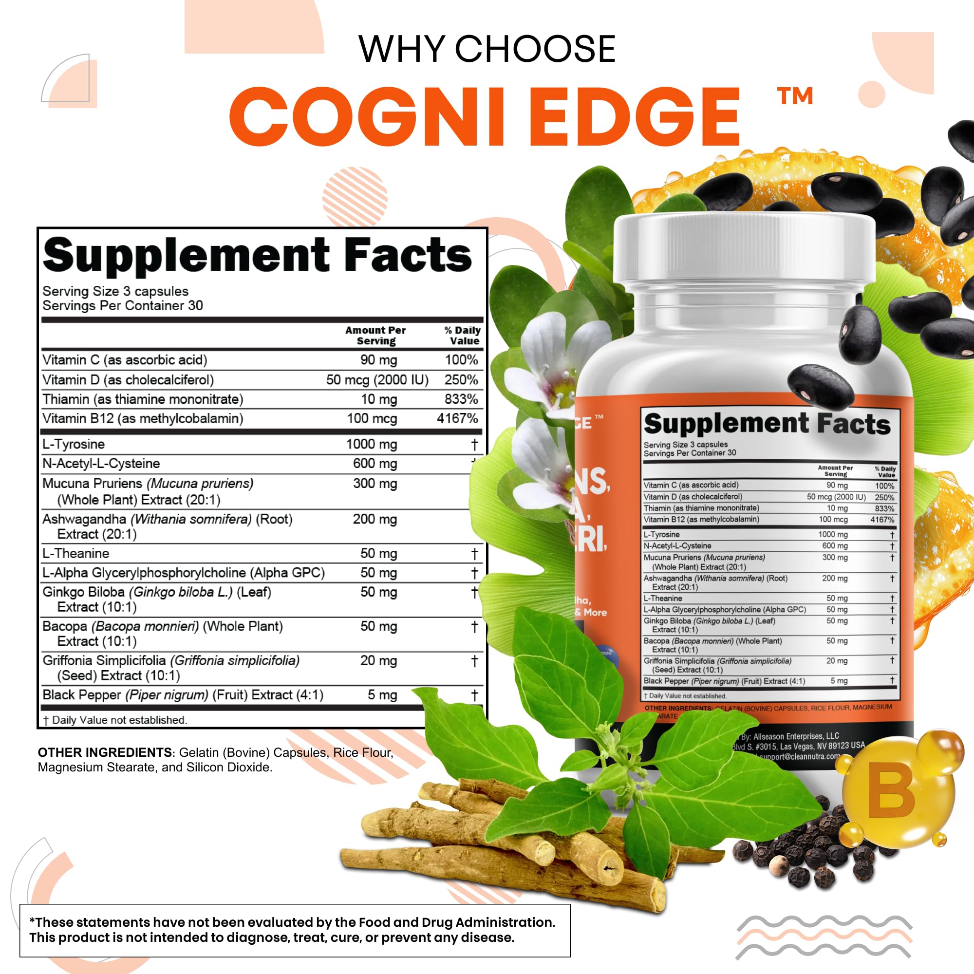 Clean Nutraceuticals L Tyrosine Mucuna Pruriens Bacopa Monnieri Ashwagandha Focus Supplement w/N-Acetyl Cysteine NAC 5-HTP Ginkgo Biloba Alpha GPC Vitamin C D B1 B12 Clean NutraceuticalsAu supplements