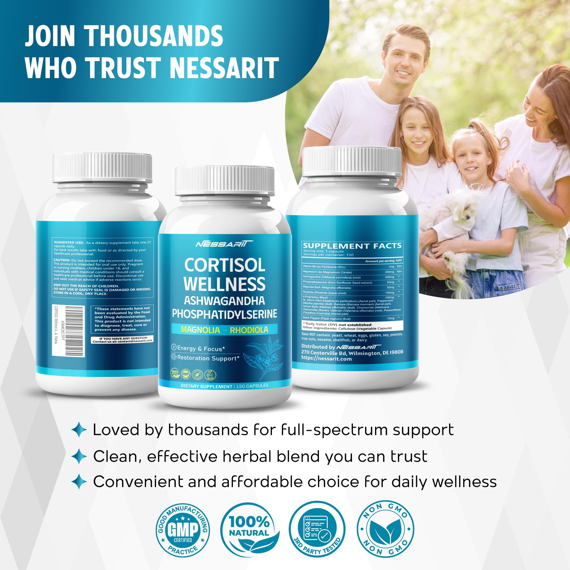 CORTISOL Wellness Ashwagandha 14-in-1 Natural Blend with Phosphatidylserine Magnolia Rhodiola St. John's Wort Peppermint Bacopa - 150 Count NESSARITAu supplements