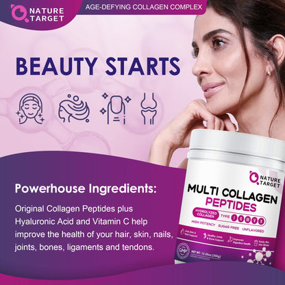 NATURE TARGET Multi Collagen Peptides Powder - Type I, II, III, V, X - Hydrolyzed Collagen Peptides with Vitamin C Hyaluronic Acid, Supports Skin Hair Nail & Joint NATURE TARGETUS supplements