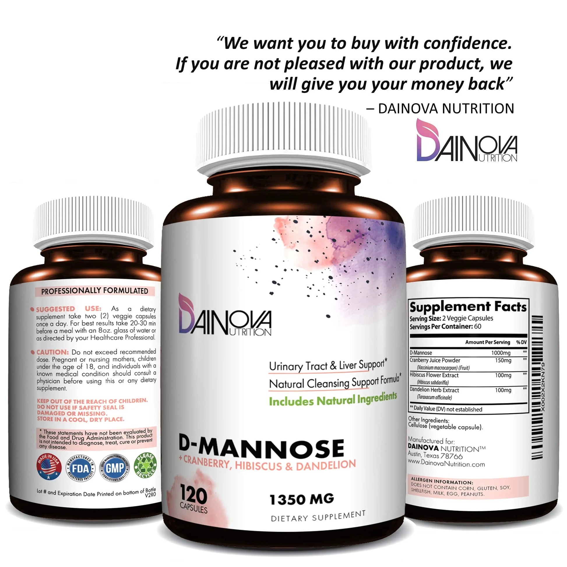 Dainova D Mannose 1350mg with Cranberry I D-Mannose Capsules for UTI Prevention, Urinary Tract Support, Urinary Tract Health for Women, & Cleanse. W/Hibiscus & Dandelion, 120 Veggie Capsules Dainova NutritionAu supplements