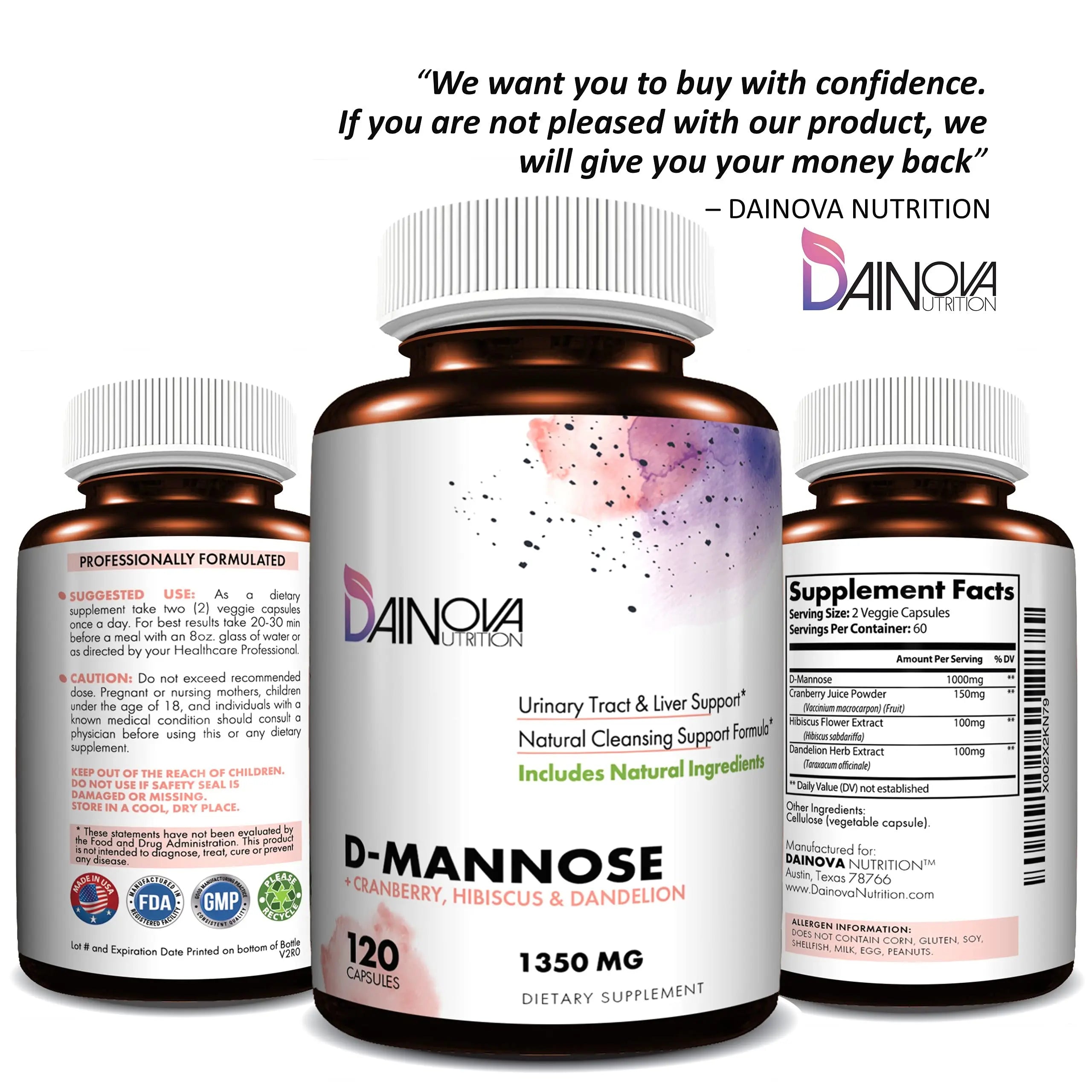 Dainova D Mannose 1350mg with Cranberry I D-Mannose Capsules for UTI Prevention, Urinary Tract Support, Urinary Tract Health for Women, & Cleanse. W/Hibiscus & Dandelion, 120 Veggie Capsules Dainova NutritionAu supplements