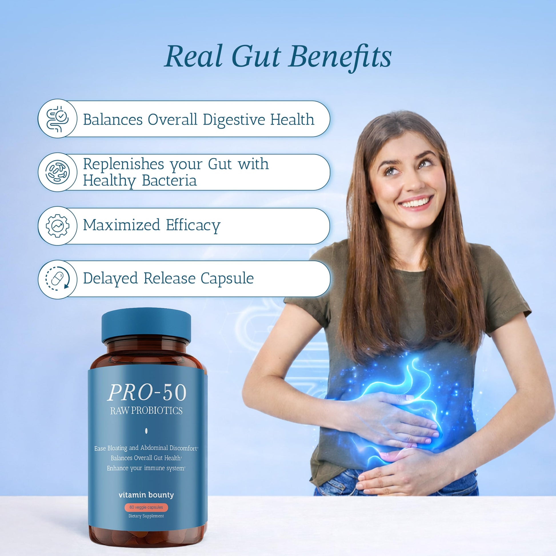 Vitamin Bounty Pro-50 Probiotics 50 Billion CFU for Women & Men - 13 Multi Strain Probiotic + Prebiotic - Digestive Health Supplements for Gut Health Support - Delayed Release Capsules for Men & Women Vitamin BountyAu supplements