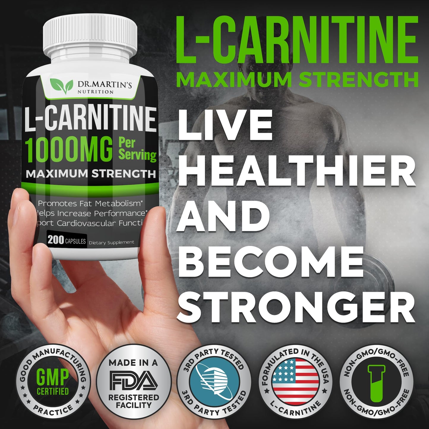 DR. MARTIN'S NUTRITION Extra Strength L-Carnitine - 200 Capsules - 1000mg Per Serving - Boost Your Metabolism and Increase Performance DR. MARTIN'S NUTRITIONUS supplements