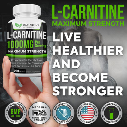 DR. MARTIN'S NUTRITION Extra Strength L-Carnitine - 200 Capsules - 1000mg Per Serving - Boost Your Metabolism and Increase Performance DR. MARTIN'S NUTRITIONUS supplements