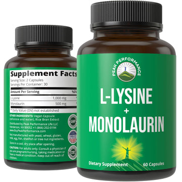 Peak Performance L Lysine 1000mg + Monolaurin 500mg Supplement for Immune Support - High Potency L-Lysine for Lips, Skin, & Health - 2-in-1 Bioavailable Supplements for Men and Women - 60 Capsules Peak PerformanceAu supplements
