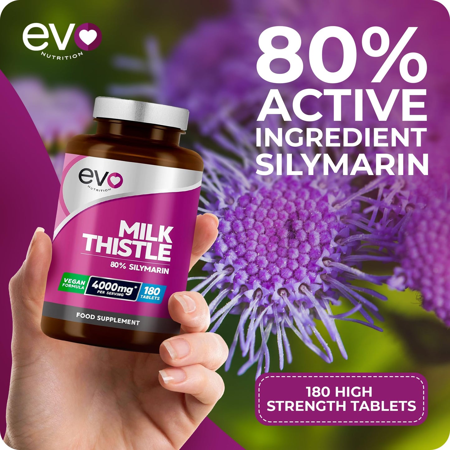 Milk Thistle Tablets 4000mg | 80% Silymarin | 180 Tablets | High Strength Vegan Supple EVO NUTRITIONUS supplements