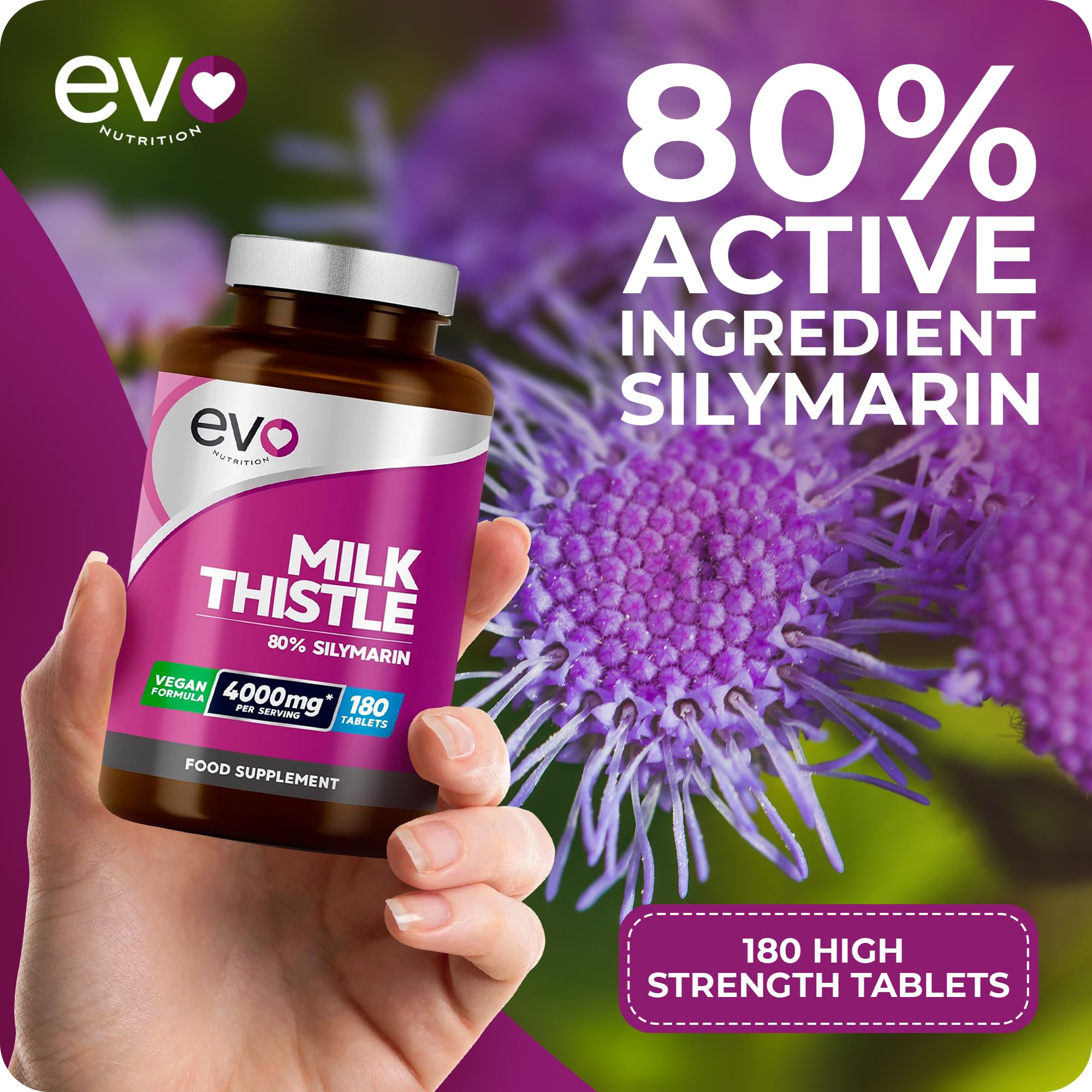 Milk Thistle Tablets 4000mg | 80% Silymarin | 180 Tablets | High Strength Vegan Supple EVO NUTRITIONUS supplements