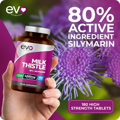 Milk Thistle Tablets 4000mg | 80% Silymarin | 180 Tablets | High Strength Vegan Supple EVO NUTRITIONUS supplements