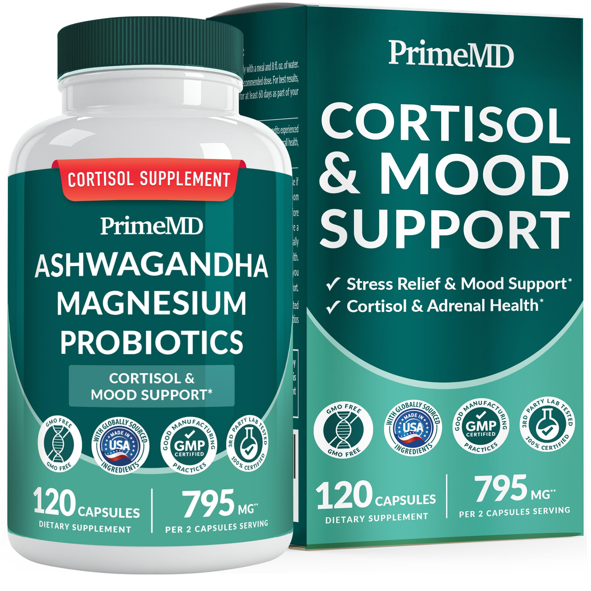 5-in-1 Cortisol Supplement for Women and Men with Ashwagandha for Calmness, Focus, and Adrenal Support Supplements with Shilajit Extract, Magnesium Glycinate, Probiotics (120 ct) (Pack of 1) PrimeMDAu supplements
