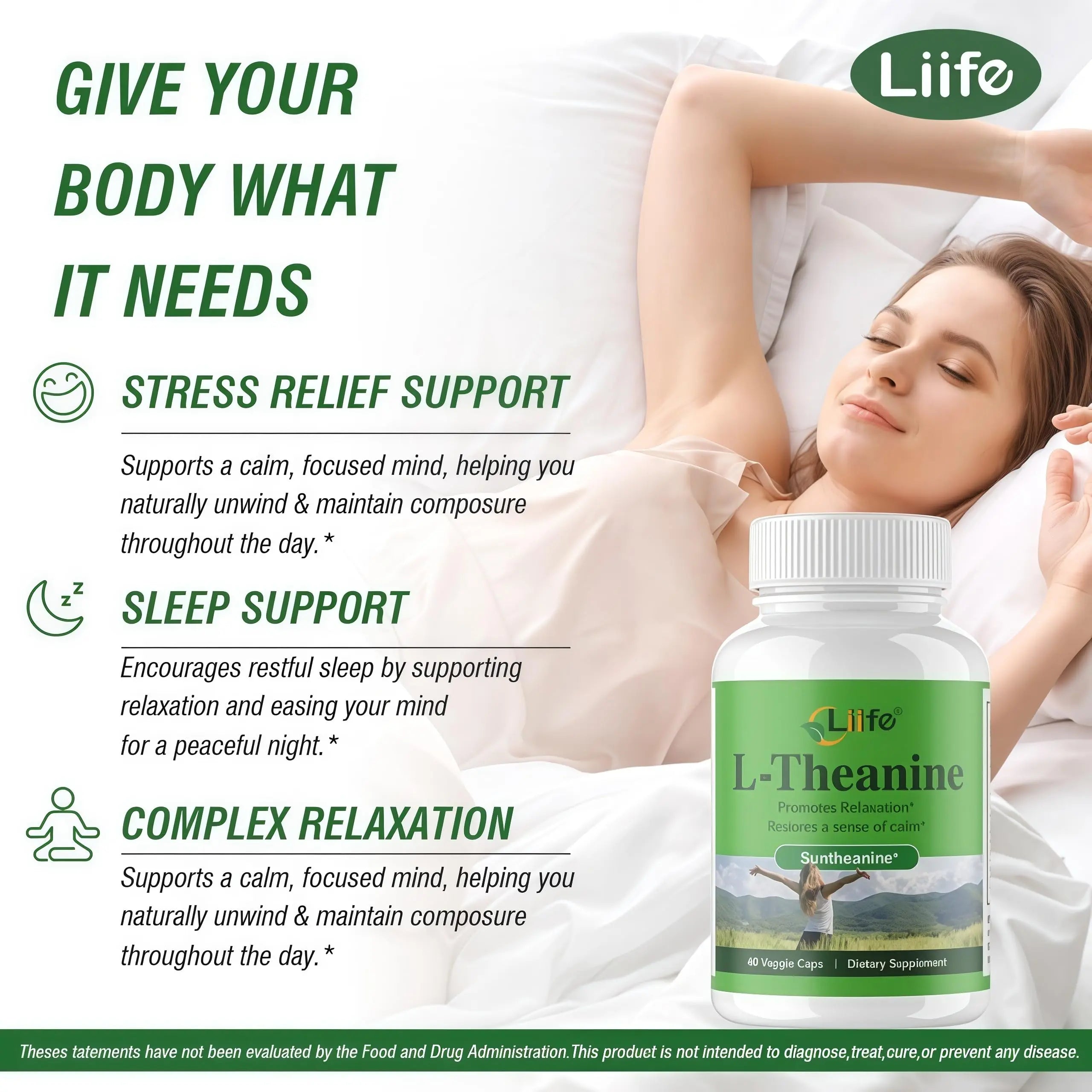 LIIFE L-Theanine (Suntheanine®) with GABA– 60 Veggie Capsules Support with Magnesium & Black Pepper for a Healthy Stress Response, Relaxation, and Focus Increases Brain Alpha-Wave Production* LIIFEnz supplements