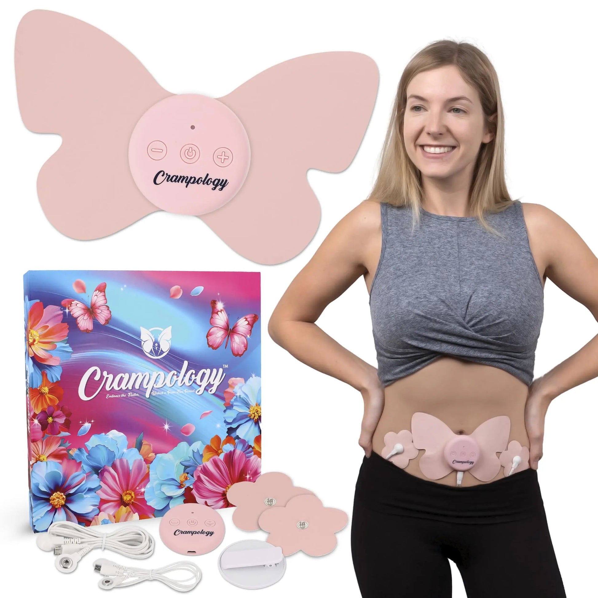 Crampology Relief Pink-Period Cramps Pain Relieving Device, Cramp Massager for Menstrual and Lower Back Ache, Reduces Endometriosis Discomfort, PMS TENS Unit, Wireless or Wired, Natural Cycle Support CrampologyAu supplements