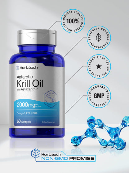 Horbäach Antarctic Krill Oil 2000mg | 60 Softgel Capsules | Omega-3, EPA, DHA Supplemen HorbäachUS supplements