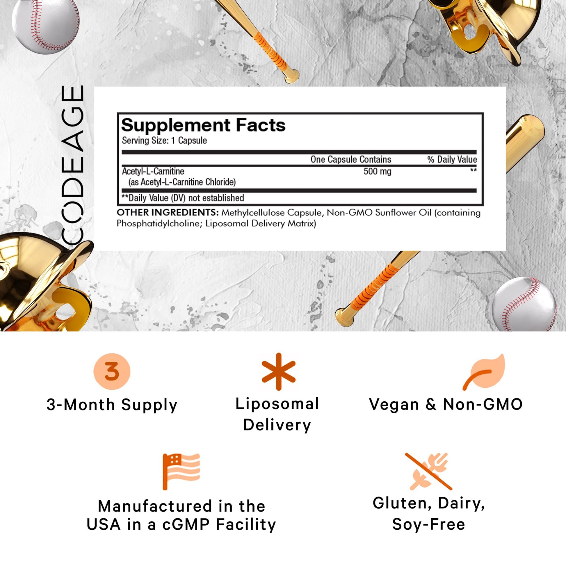 Codeage Liposomal Acetyl-L-Carnitine+ Supplement - 500 mg Acetyl-L-Carnitine per Serving - 3-Month Supply, Liposomal Delivery - Alcar Supplement - L-Carnitine - Non-GMO, Gluten-Free, 90 Capsules CodeageAu supplements
