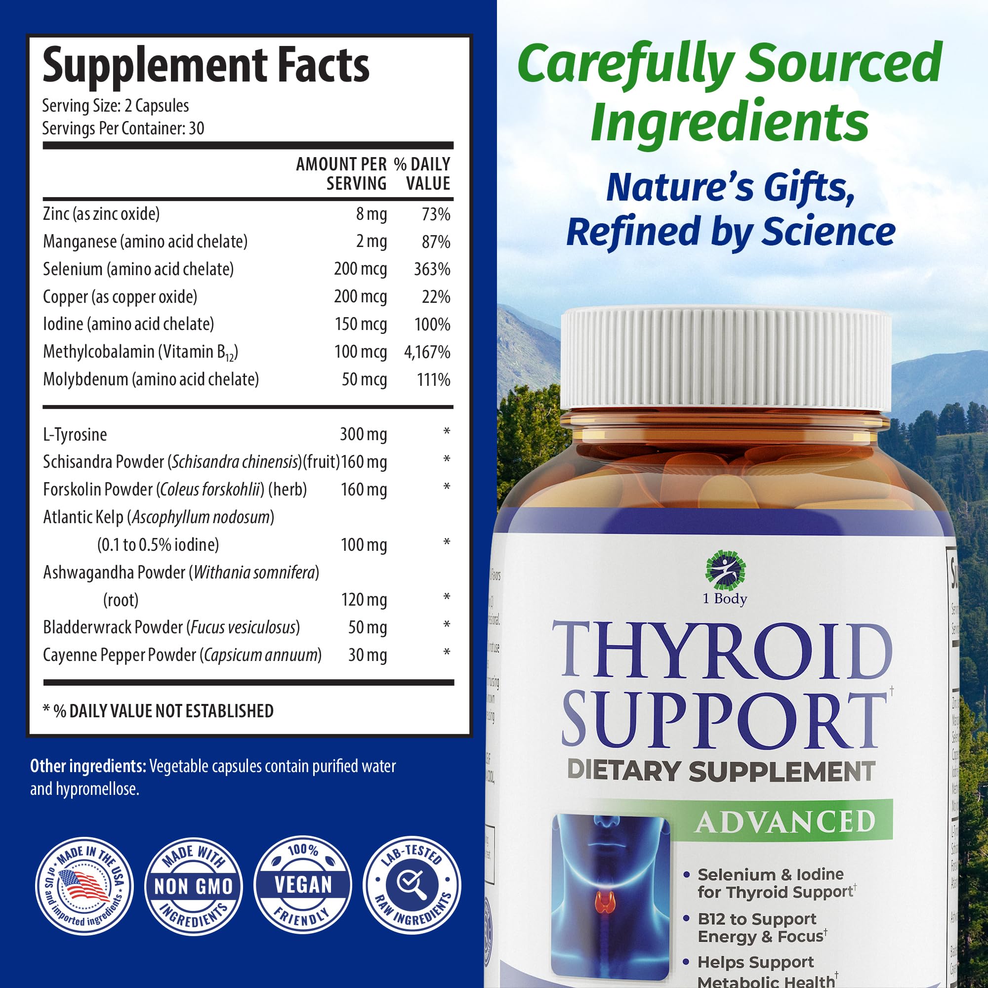 1 Body Thyroid Support Supplement for Women and Men, Selenium with Iodine, Zinc, B12, Ashwagandha and L-Tyrosine, Supports Hormone Health, Energy and Metabolism, 30 Day Supply 1 BodyAu supplements