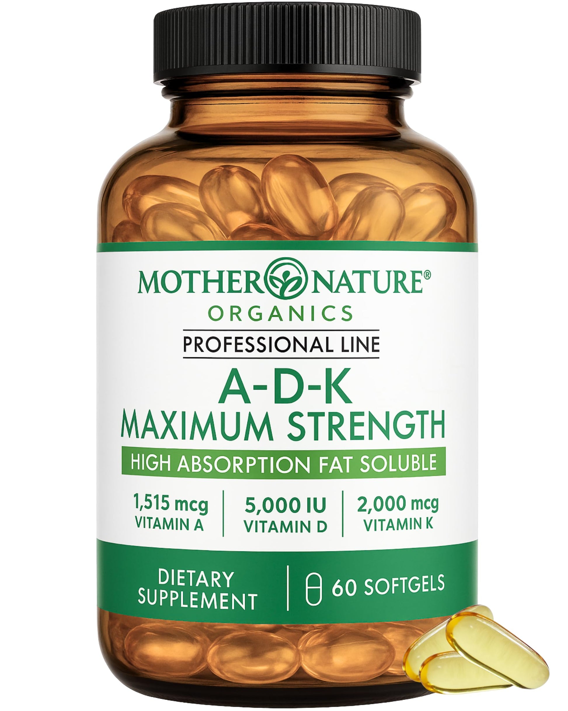 ADK Vitamin Supplement - 5000 IU Vitamin D3 + A & K2 MK-7 - High Absorption for Bone, Heart & Immune Support - Non-GMO (60 Softgels) Mother Nature Organics Superfoods for Organic LivingAu supplements