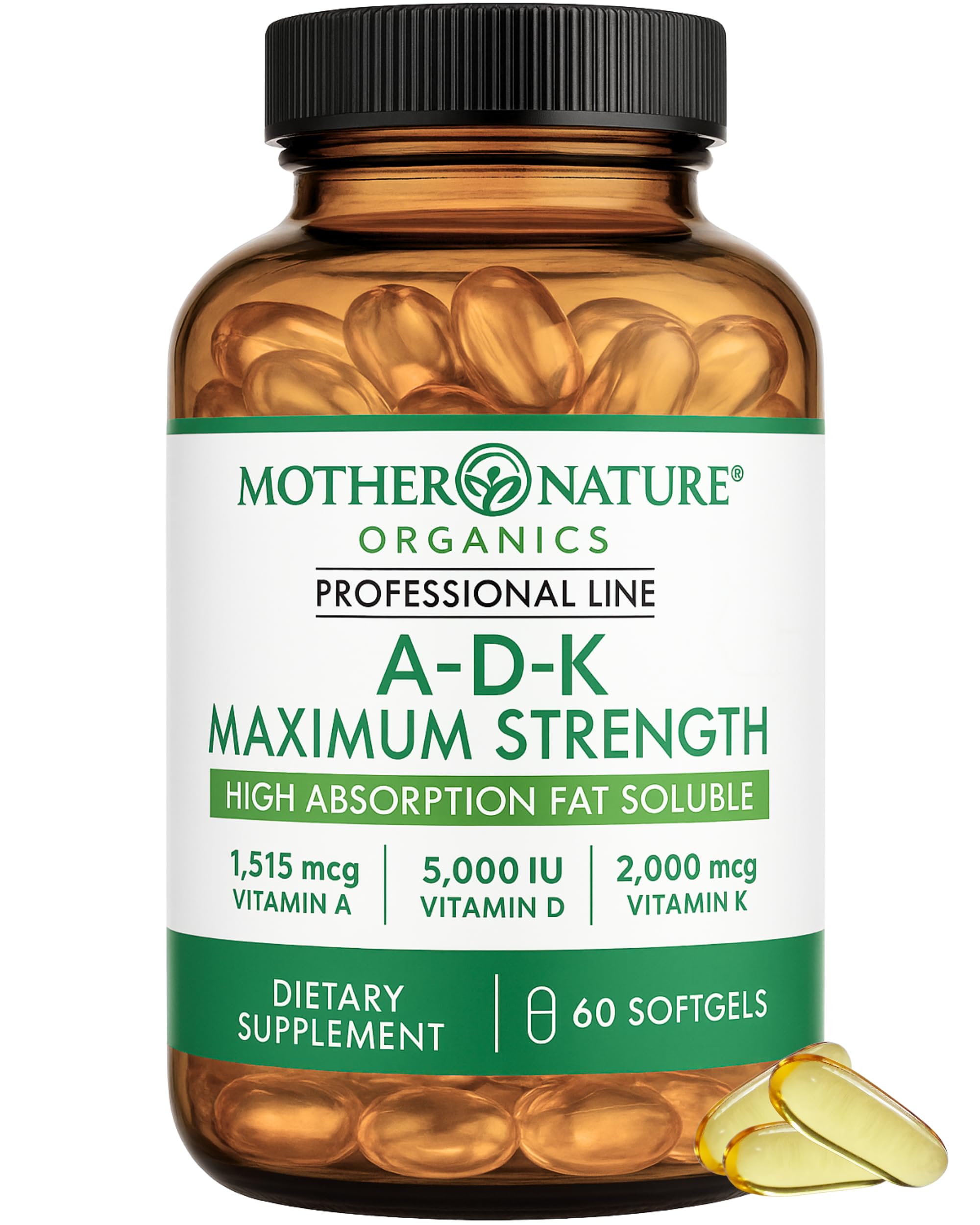 ADK Vitamin Supplement - 5000 IU Vitamin D3 + A & K2 MK-7 - High Absorption for Bone, Heart & Immune Support - Non-GMO (60 Softgels) Mother Nature Organics Superfoods for Organic LivingAu supplements
