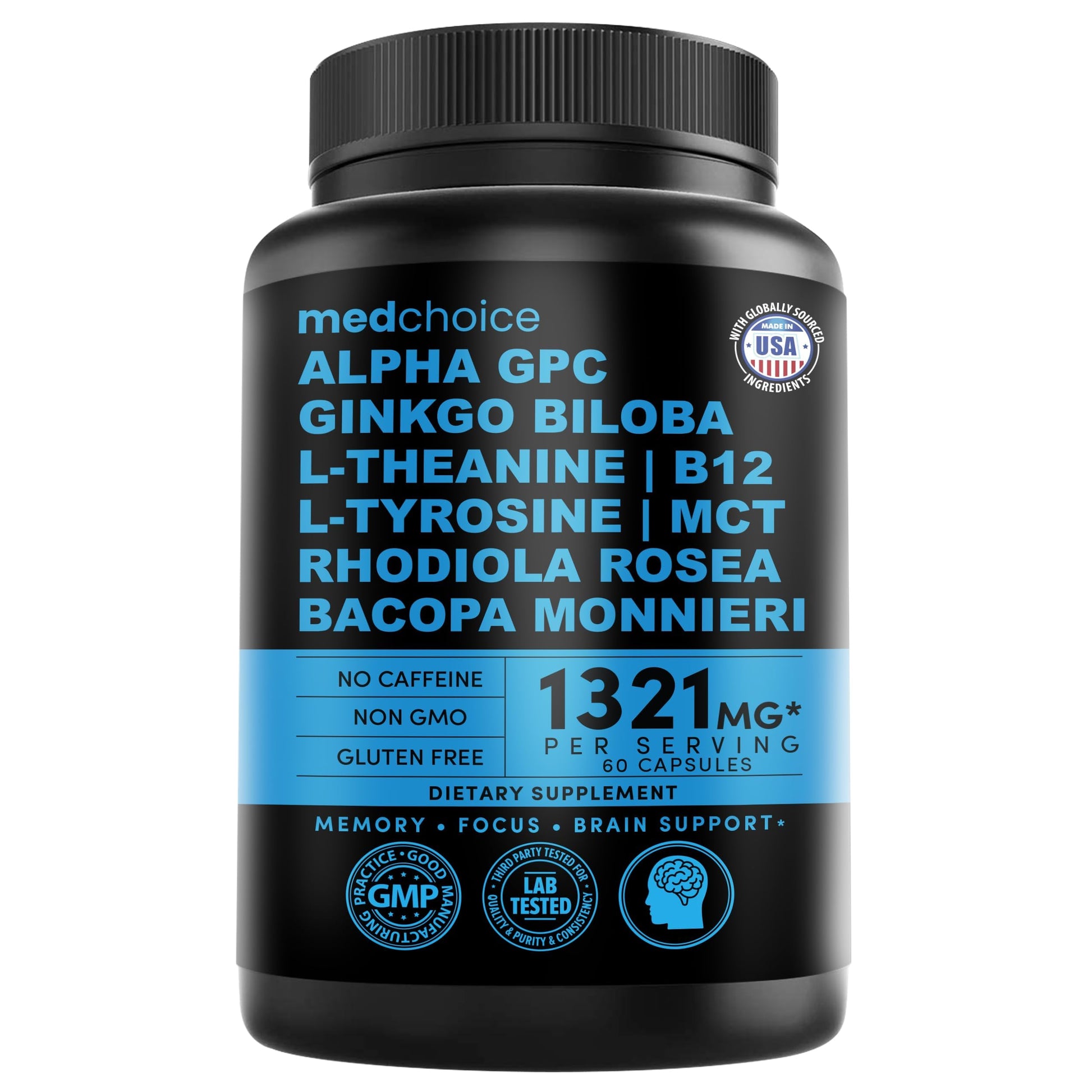 12-in-1 Nootropic Brain Supplement Anhydrous: Ginkgo Biloba for Brain Support, Memory and Focus - B12, Alpha GPC, L Theanine and Choline Supplements with Bioperine Non Caffeinated 1321mg (60ct) MEDCHOICEAu supplements