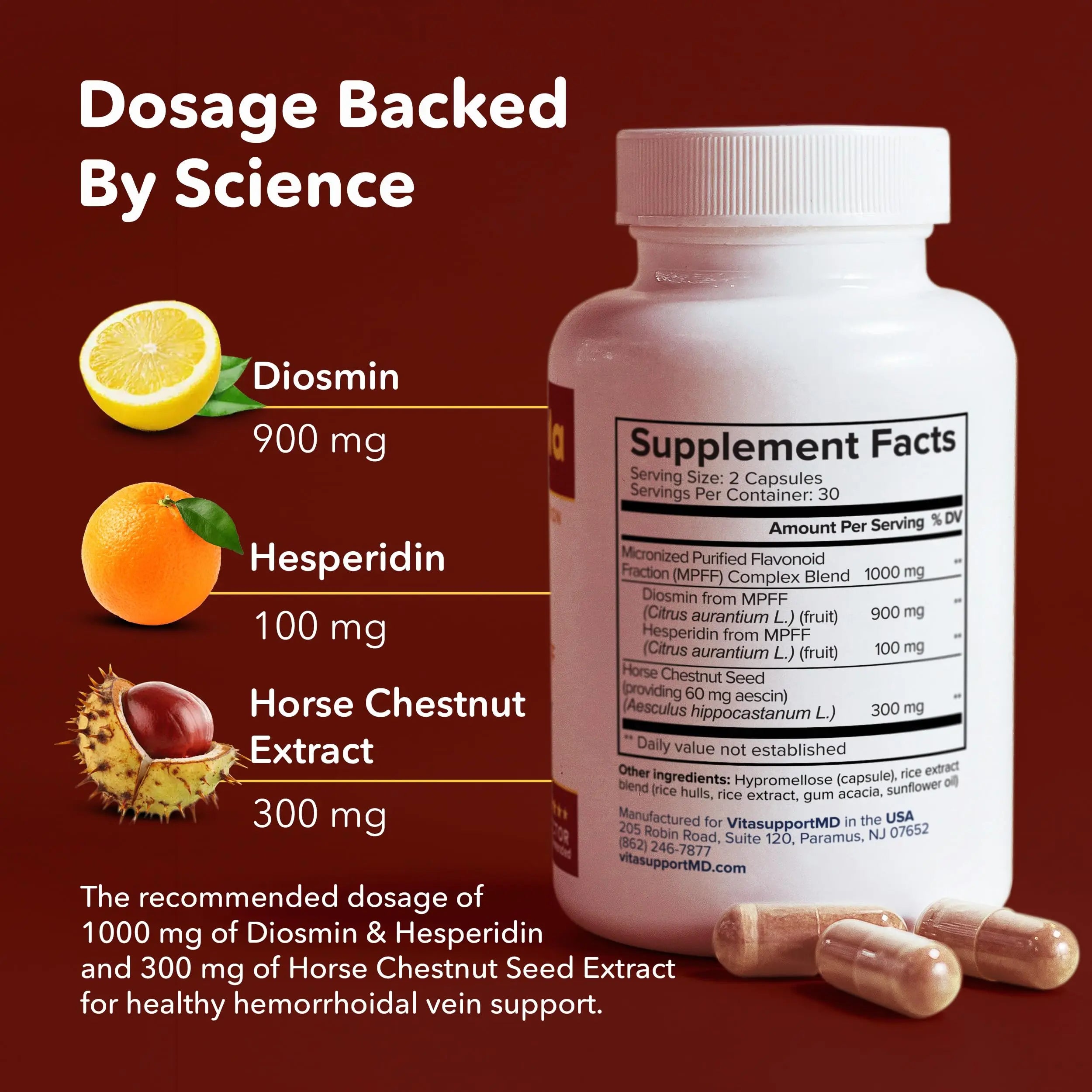VITASUPPORTMD H Formula Diosmin Hesperidin 1000mg, Horse Chestnut Extract 300mg, Hemorrhoidal Vein Support, Micronized MPFF Bioflavonoids Supplement for Hemorrhoidal Vein Health Support, 60 Capsules VITASUPPORTMDAu supplements