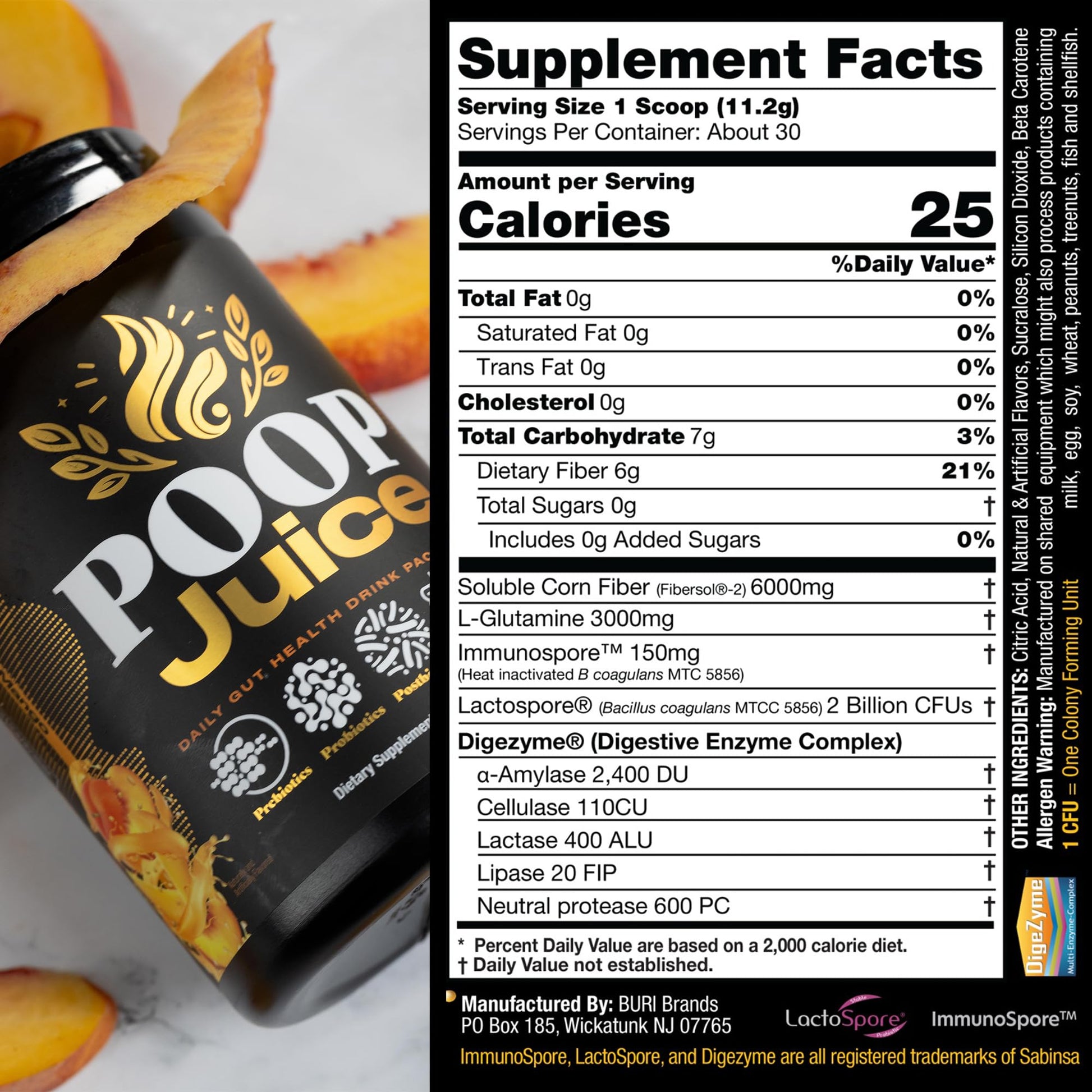 Poop Juice 5-in-1 Daily Fiber Supplement Powder - Bloat & Poop Relief - Prebiotic, Probiotic, Postbiotic, Digestive Enzymes, L-Glutamine - GLP-1 Support - Sugar-Free Georgia Peach Mango (30 Servings) Poop JuiceAu supplements