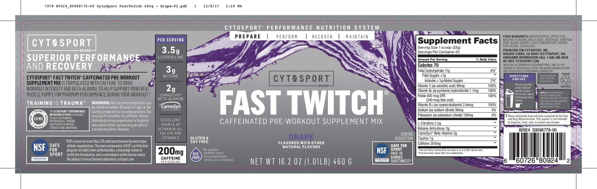 Fast Twitch from the makers of Gatorade,Caffeinated Pre-workout Supplement Mix,Grape Fast TwitchAu supplements