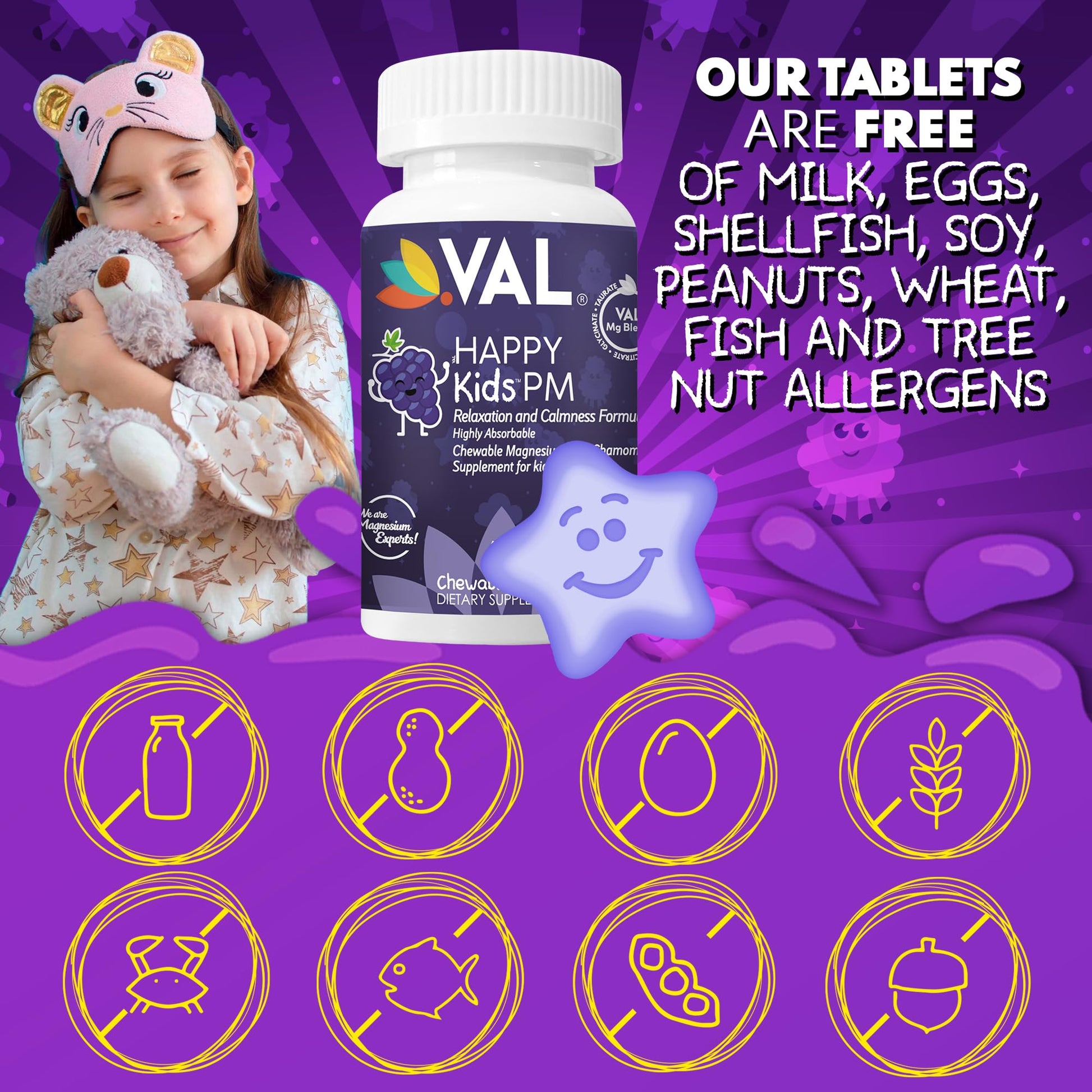 VAL Kids PM Magnesium Gummies | Sugar-Free Chewable Tablets with Chamomile, Magnesium Glycinate + Citrate + Taurate | Vitamin B6 & C | Natural Grape Flavor | Sleep & Calm Support | 60 Ct | Ages 4+ VALAu supplements