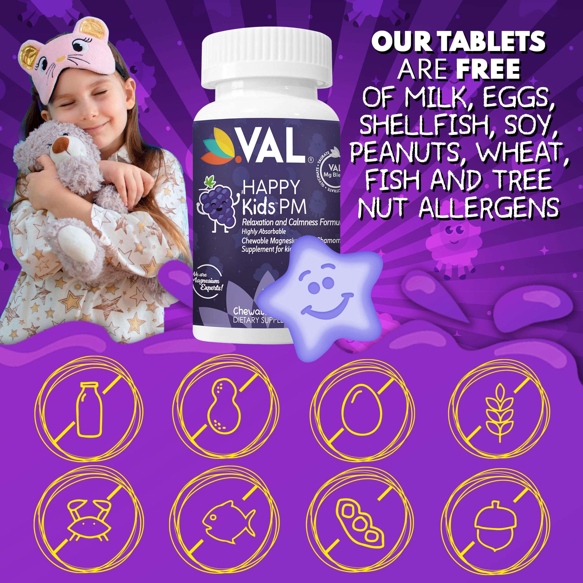 VAL Kids PM Magnesium Gummies | Sugar-Free Chewable Tablets with Chamomile, Magnesium Glycinate + Citrate + Taurate | Vitamin B6 & C | Natural Grape Flavor | Sleep & Calm Support | 60 Ct | Ages 4+ VALAu supplements