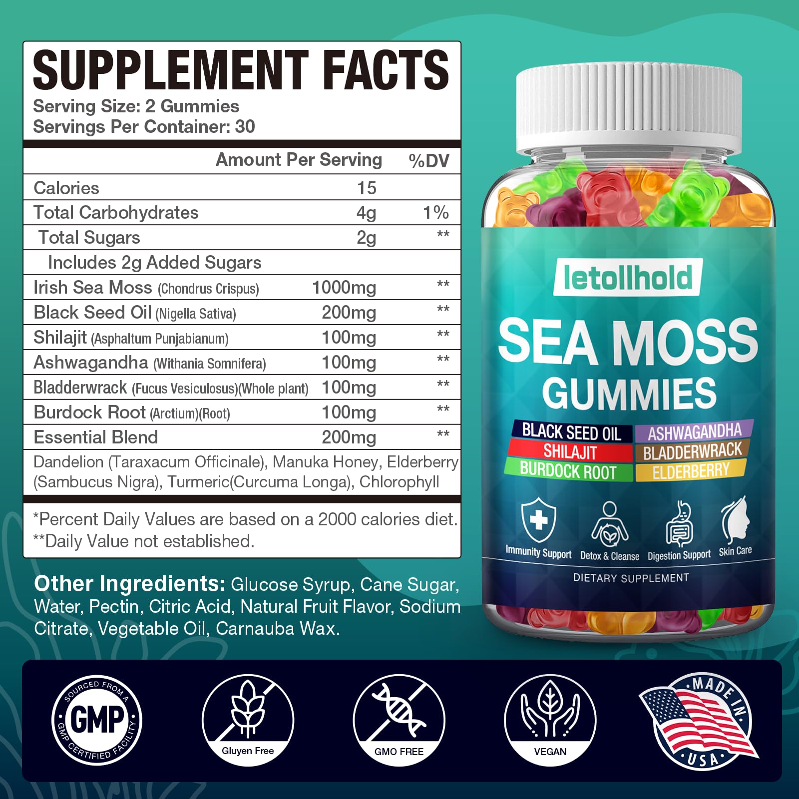 Sea Moss Gummies - Irish Sea Moss Gummies Advanced for Adults with Ashwagandha Bladderwrack & Burdock Root for Supports Immune，Energy - 60 Vegan Gummy,2PCS letollholdAu supplements