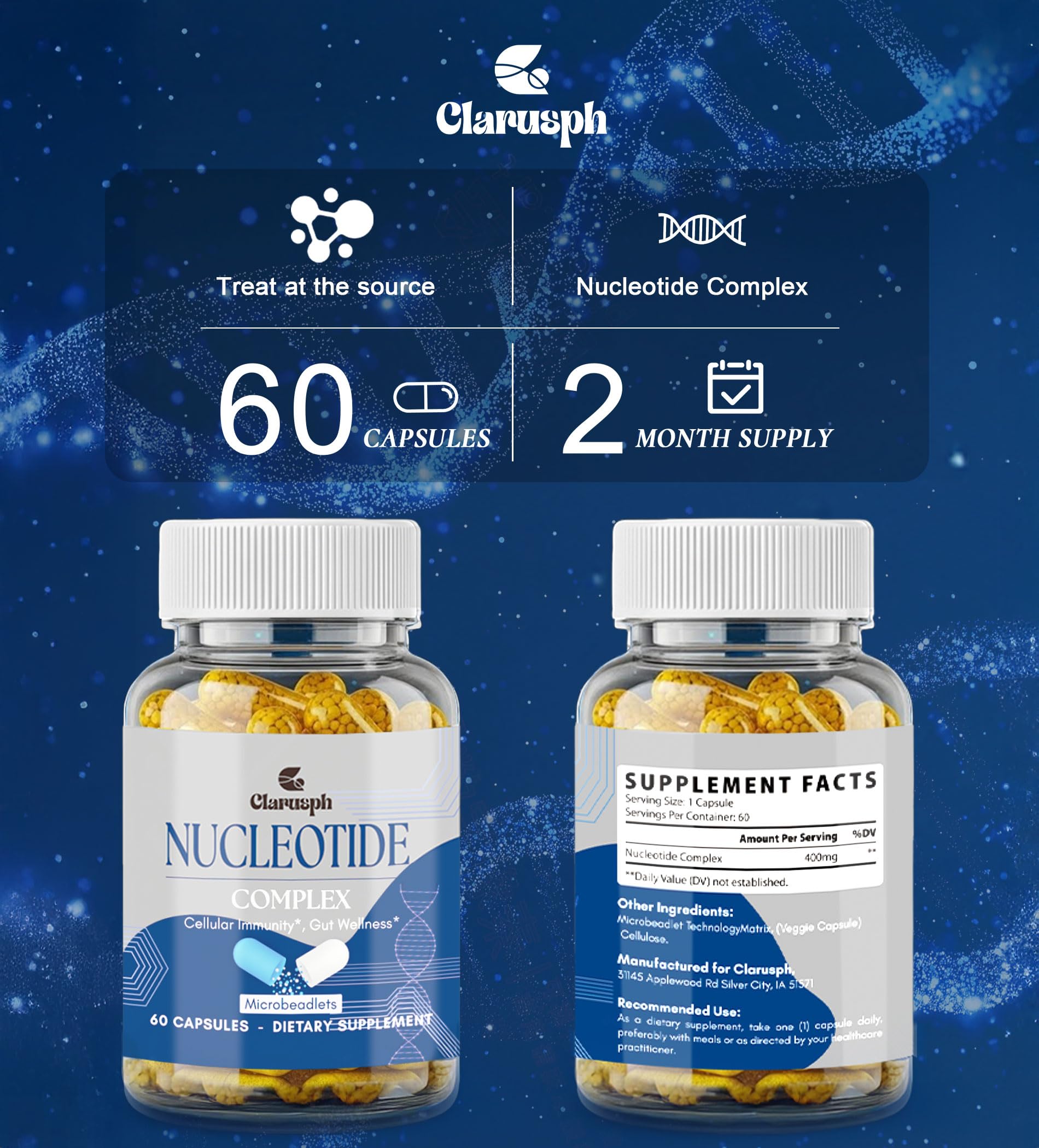 Clarusph Immunity* Supplement, Immune* Nucleotide Complex Blend 400mg Including AMP, CMP, GMP, UMP, Nucleo Immune*, 120 Capsules ClarusphAu supplements