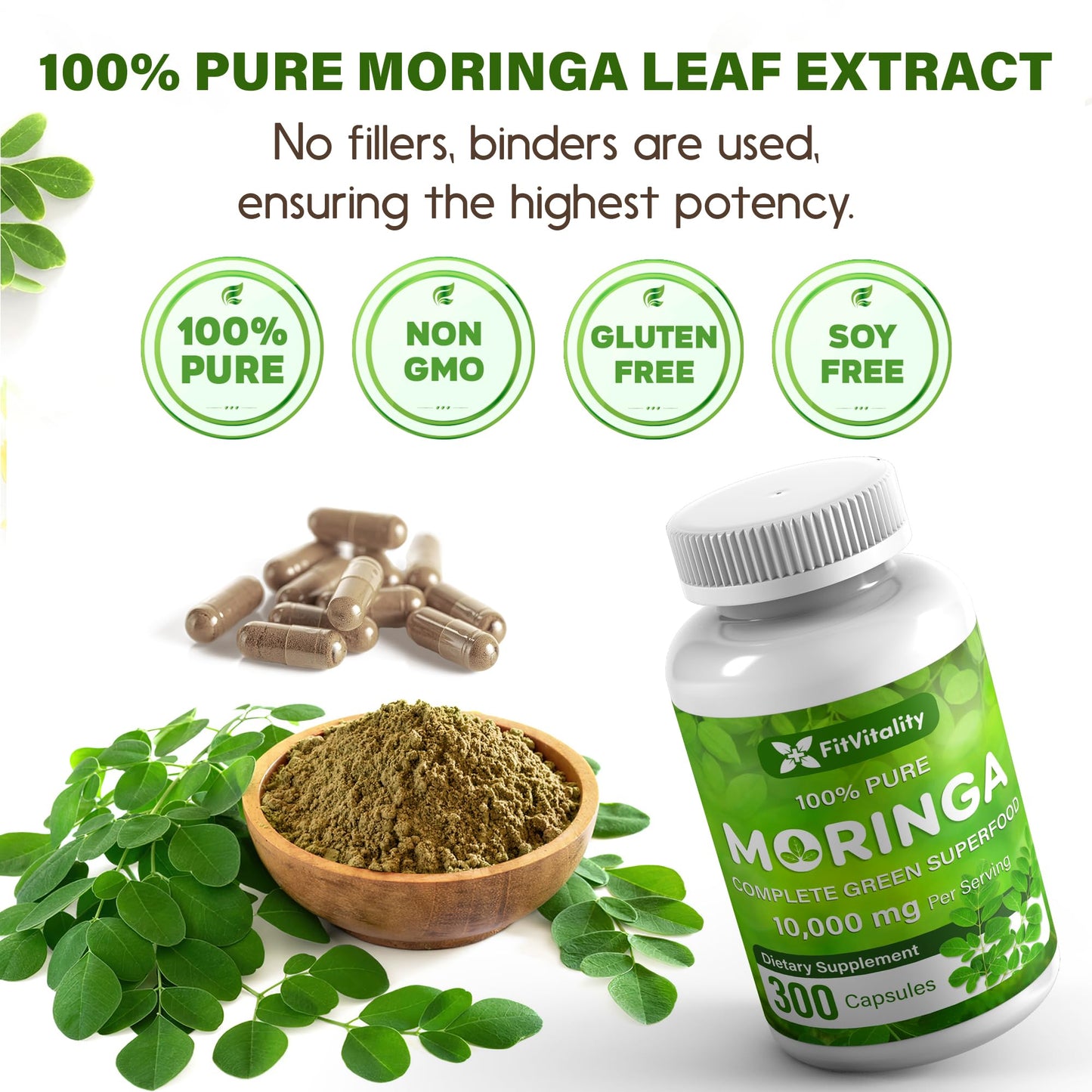 Moringa Capsules| Moringa Oleifera |10,000mg| 300 Capsules| 100% Pure| Non-GMO FitVitalityUS supplements