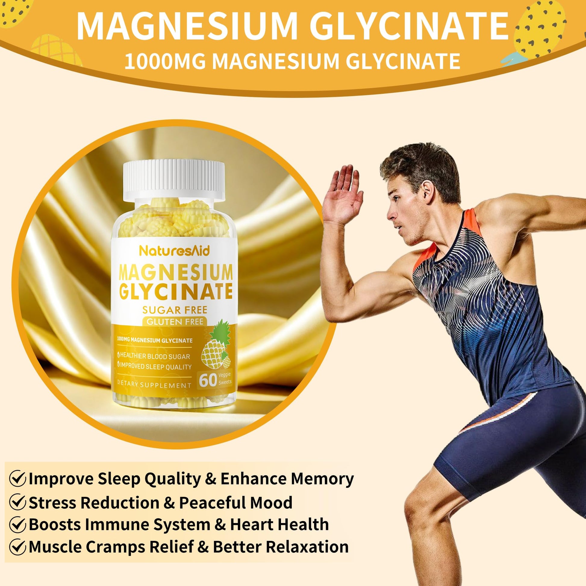 Magnesium Glycinate Gummies 1000mg - Sugar Free Magnesium Potassium Supplement with Vitamin D, B6, CoQ10 for Calm Mood & Sleep Support - 60 Pineapple Gummies -1 Pack Natures AidAu supplements