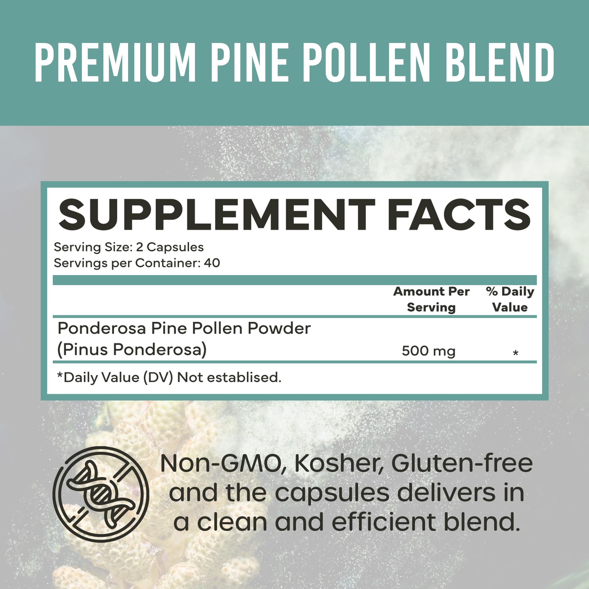 Holistic Bin Pine Pollen Capsules 500mg (Pinus Ponderosa) - Wild Harvested California Ponderosa Pine Pollen Powder - Olympic Grade - Organic, Non-GMO, No Fillers - 30 Day Supply (40 Capsules) Holistic BinAu supplements