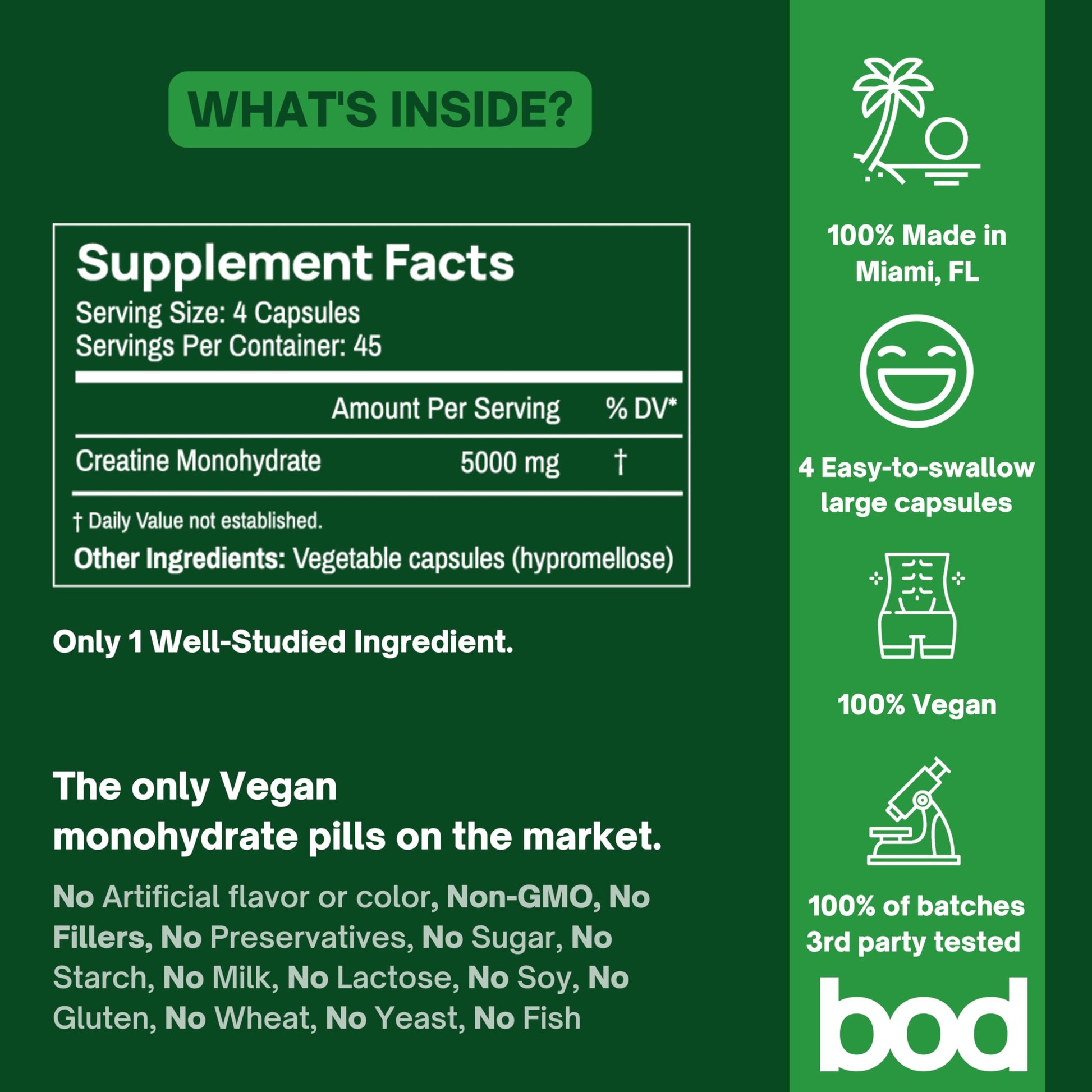 BOD Creatine Monohydrate Capsules – 45 Servings (4 Capsules = 5 g) – Ultra-Pure 200 Mesh Creatine Monohydrate – Strength, Power, Muscle Growth & Recovery BodAu supplements