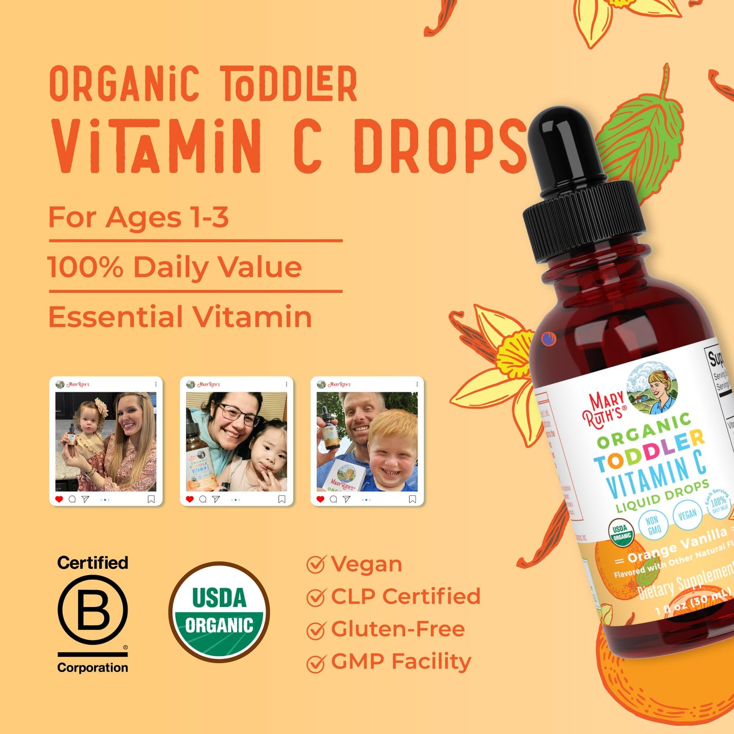 MARYRUTH'S Organic Toddler Vitamin C Drops for Immunity | Ages 1-3 Years | 15 mg Per Serving | Vitamin C for Immune Support & Overall Health | Vegan | Sugar Free MARYRUTH'SUS supplements